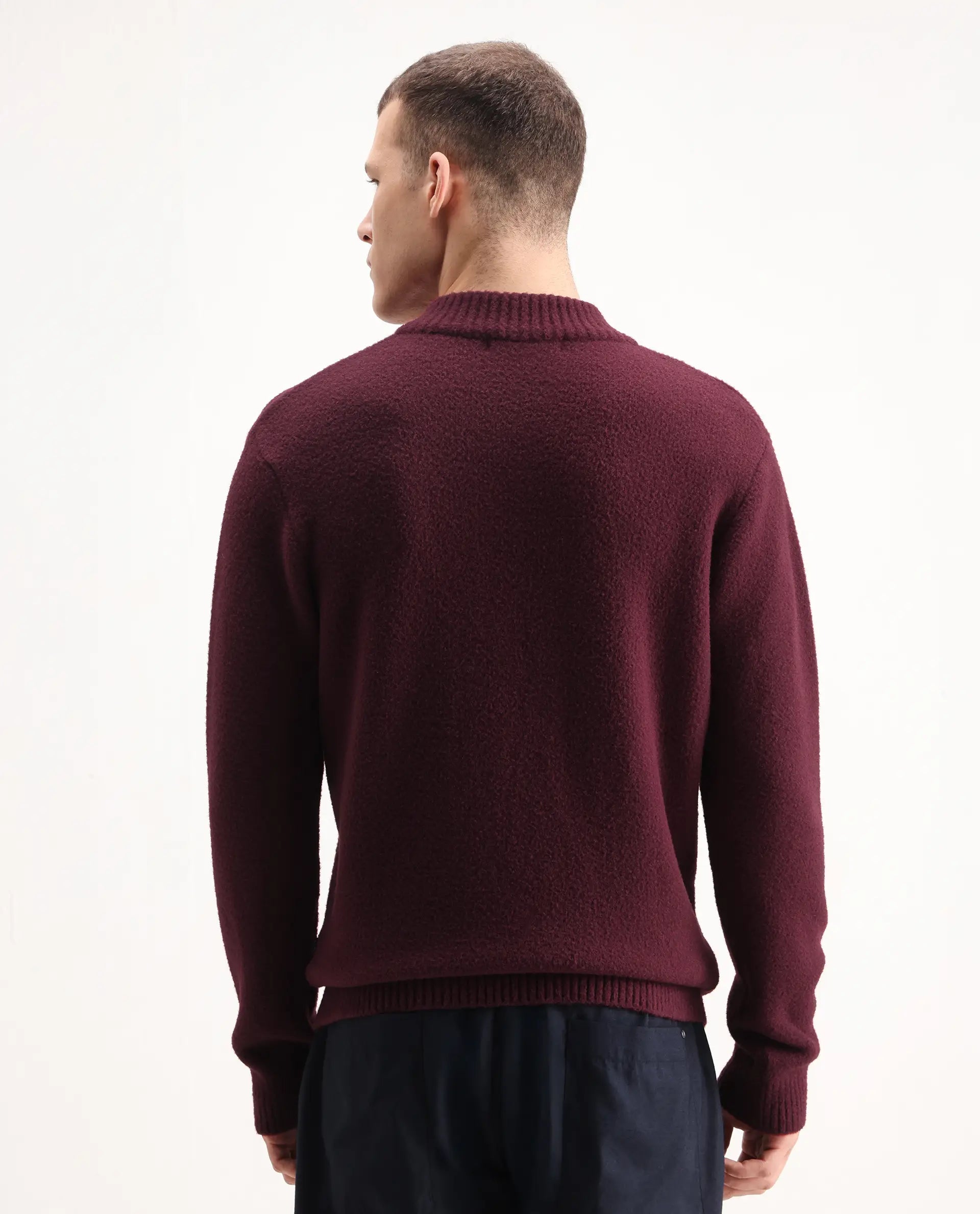 Rare Rabbit Men's Luke Dark Maroon Cotton Plain Regular Fit Full Sleeve High Neck Sweater