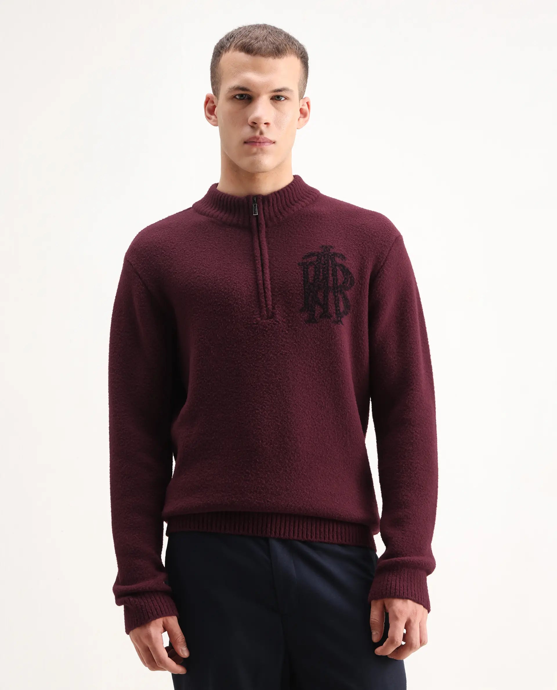 Rare Rabbit Men's Luke Dark Maroon Cotton Plain Regular Fit Full Sleeve High Neck Sweater