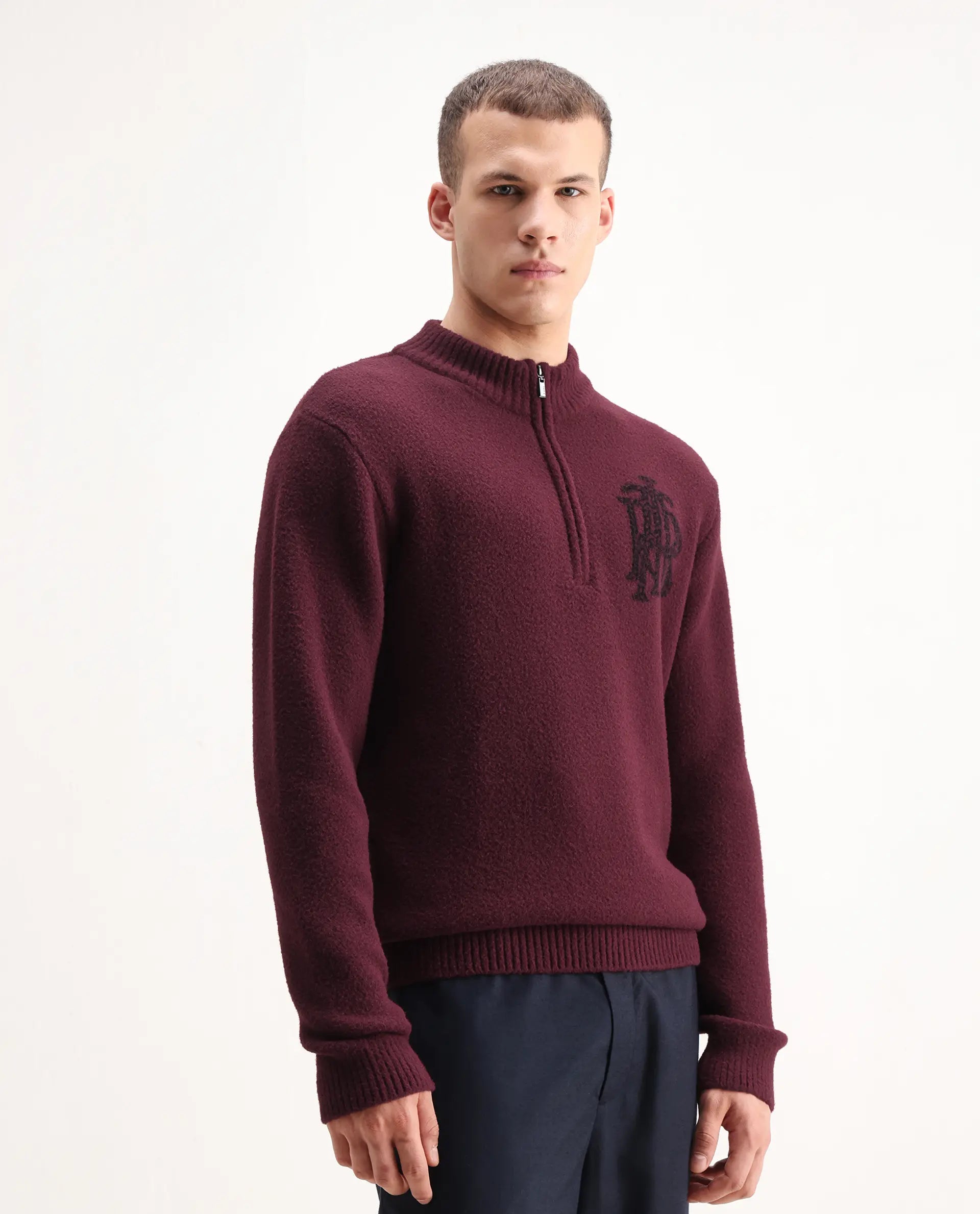 Rare Rabbit Men's Luke Dark Maroon Cotton Plain Regular Fit Full Sleeve High Neck Sweater