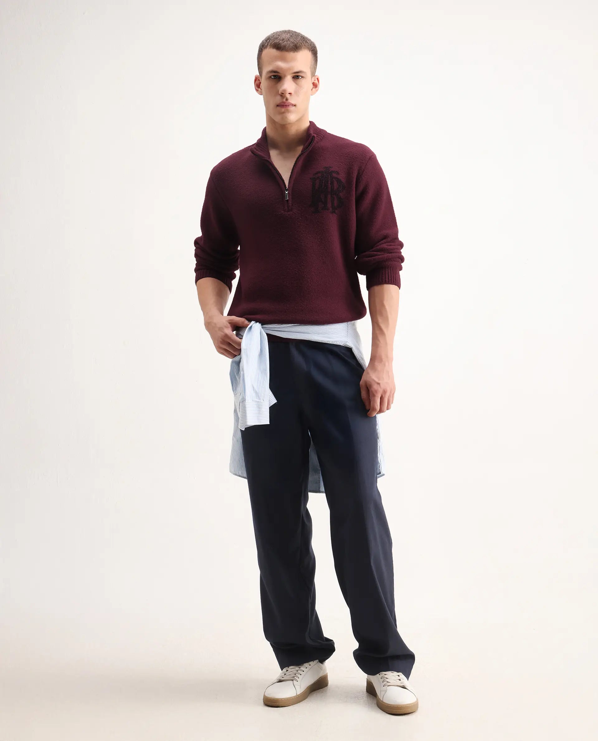 Rare Rabbit Men's Luke Dark Maroon Cotton Plain Regular Fit Full Sleeve High Neck Sweater