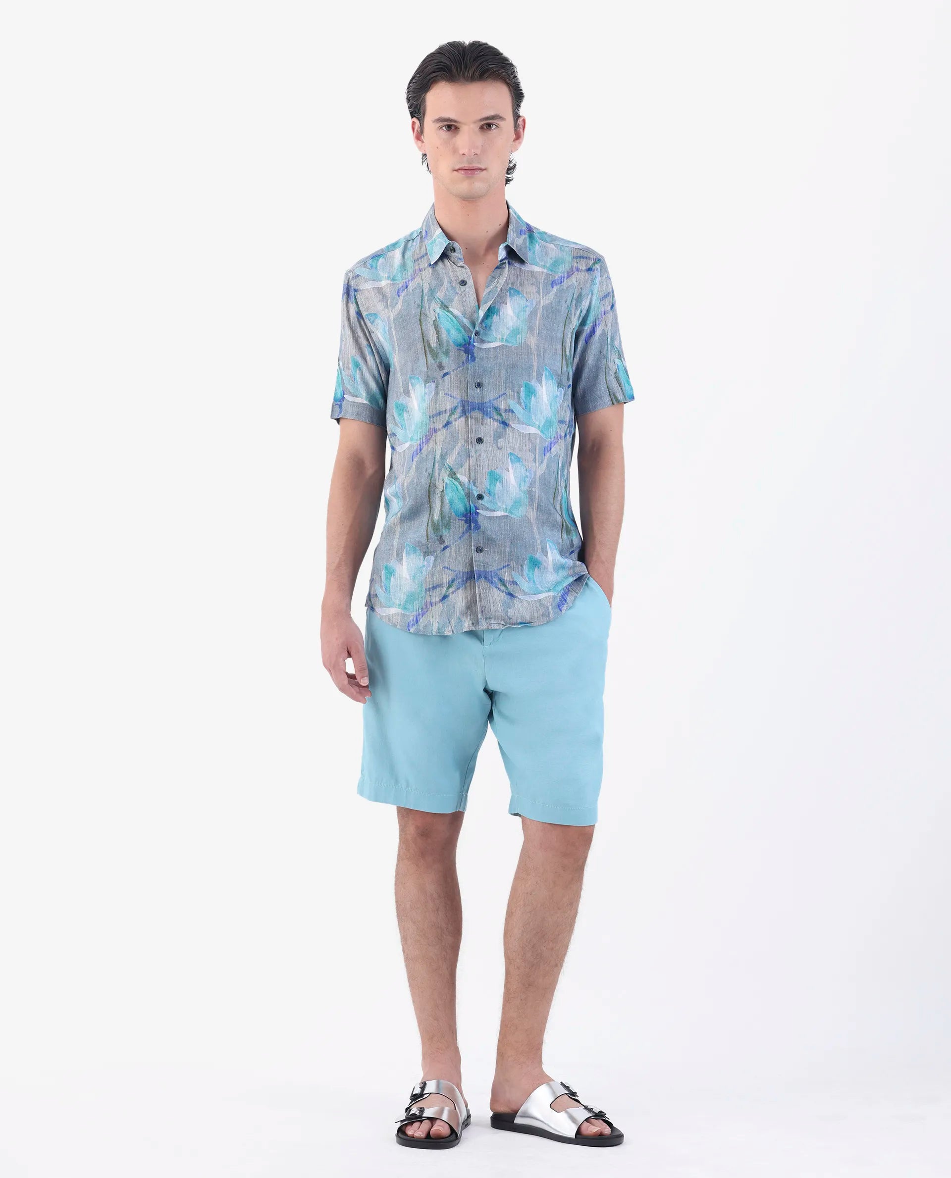 Rare Rabbit Men's Luken Blue 100% Linen Floral Print Regular Fit Half Sleeve Collared Shirt