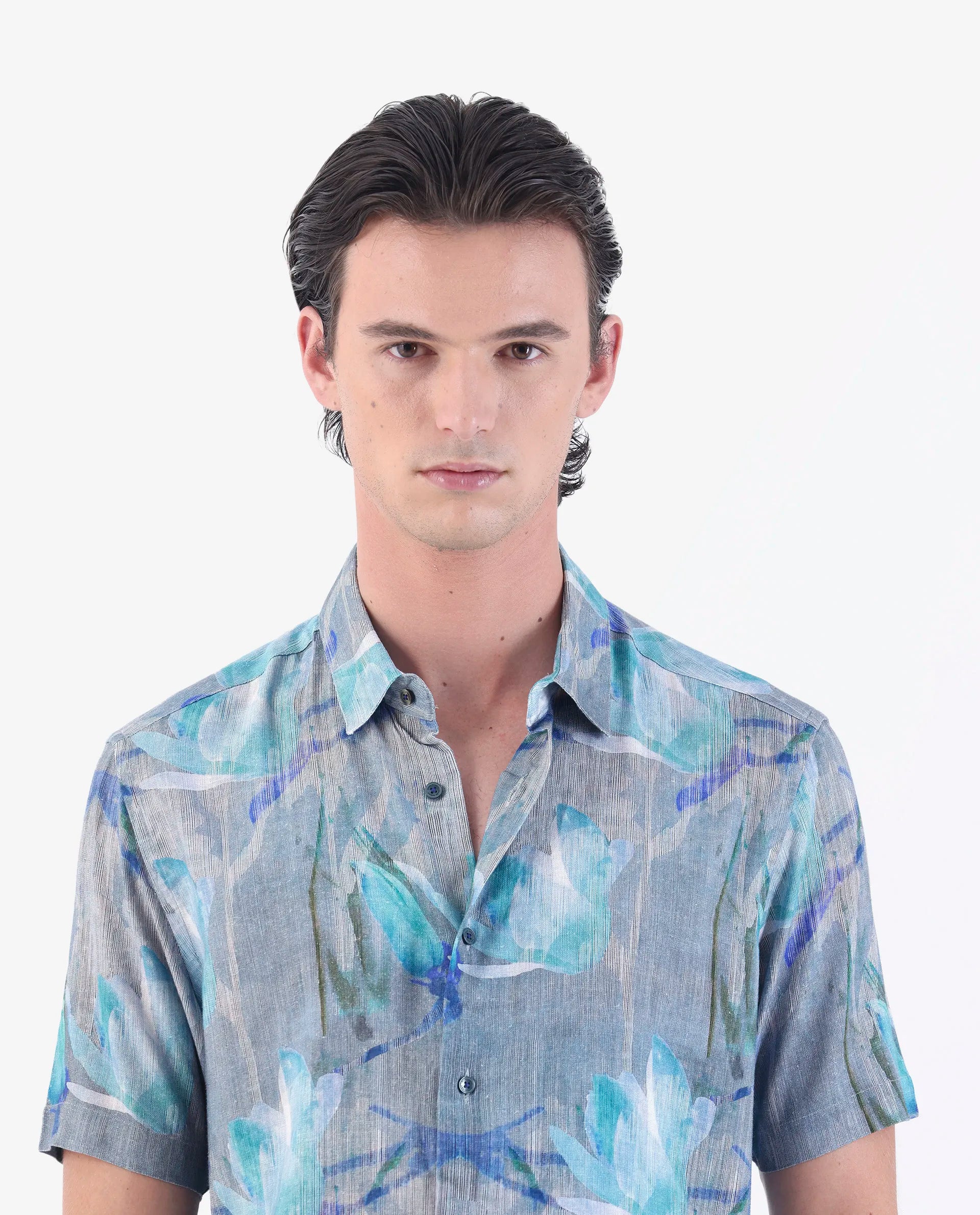 Rare Rabbit Men's Luken Blue 100% Linen Floral Print Regular Fit Half Sleeve Collared Shirt