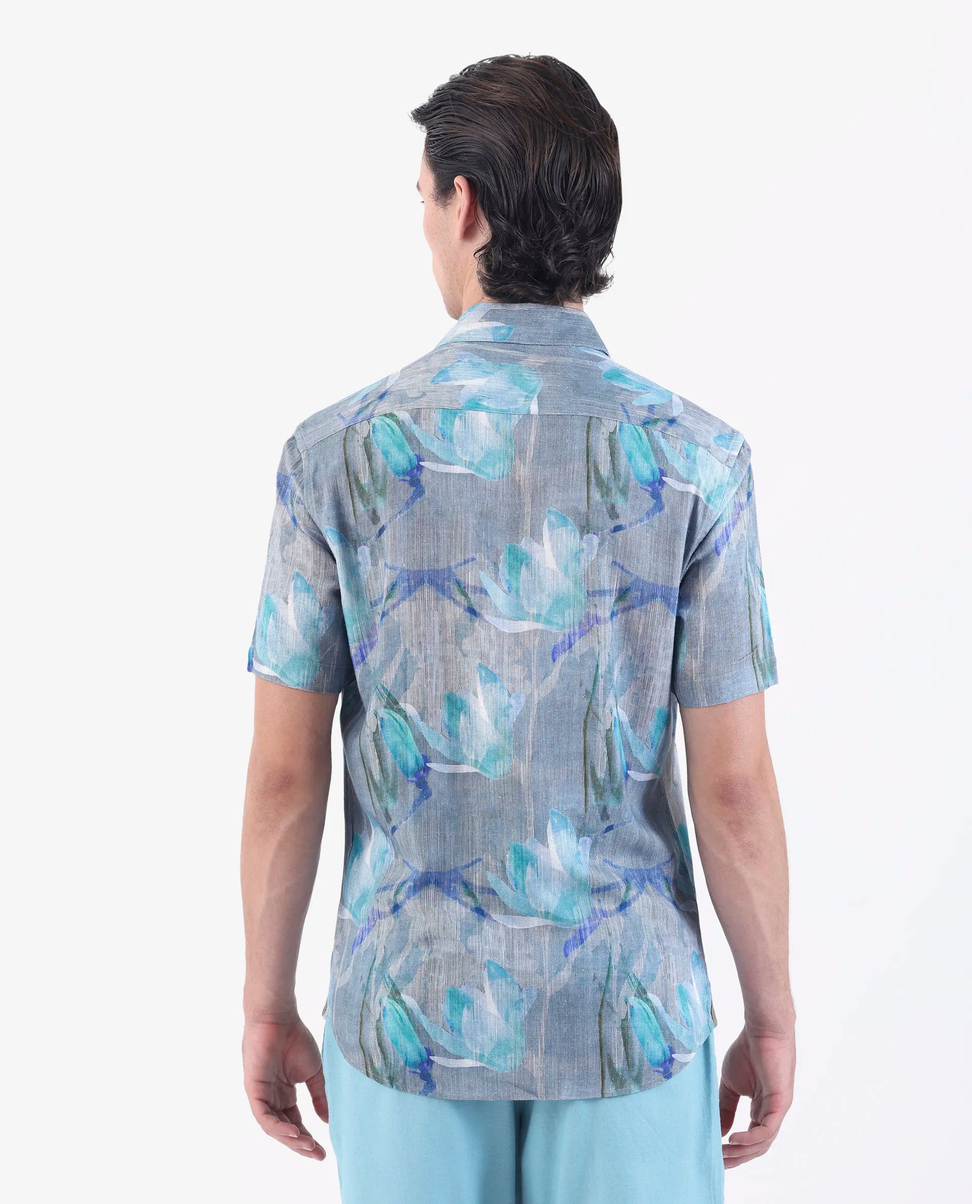 Rare Rabbit Men's Luken Blue 100% Linen Floral Print Regular Fit Half Sleeve Collared Shirt