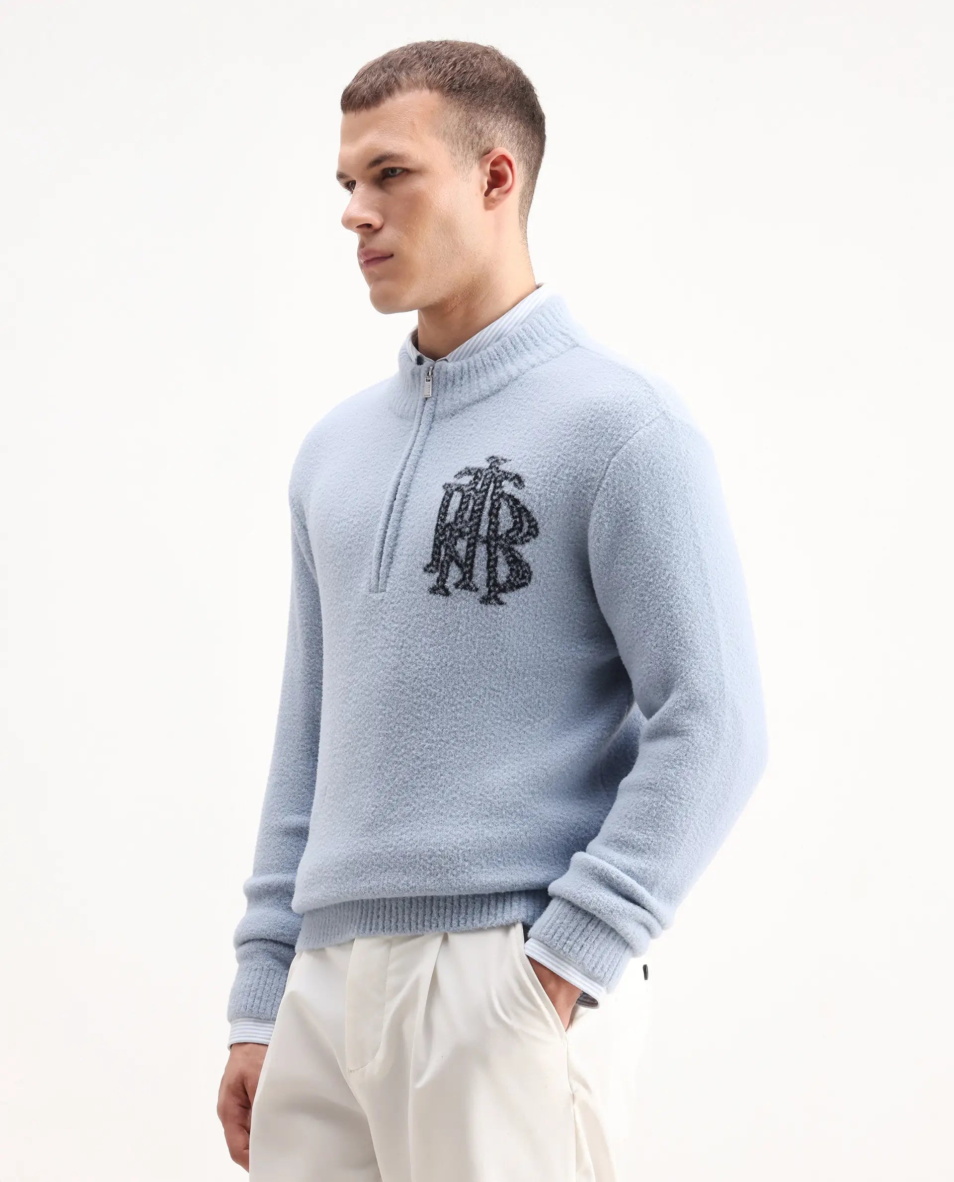 Rare Rabbit Men's Luke Pastel Blue Cotton Plain Regular Fit Full Sleeve High Neck Sweater