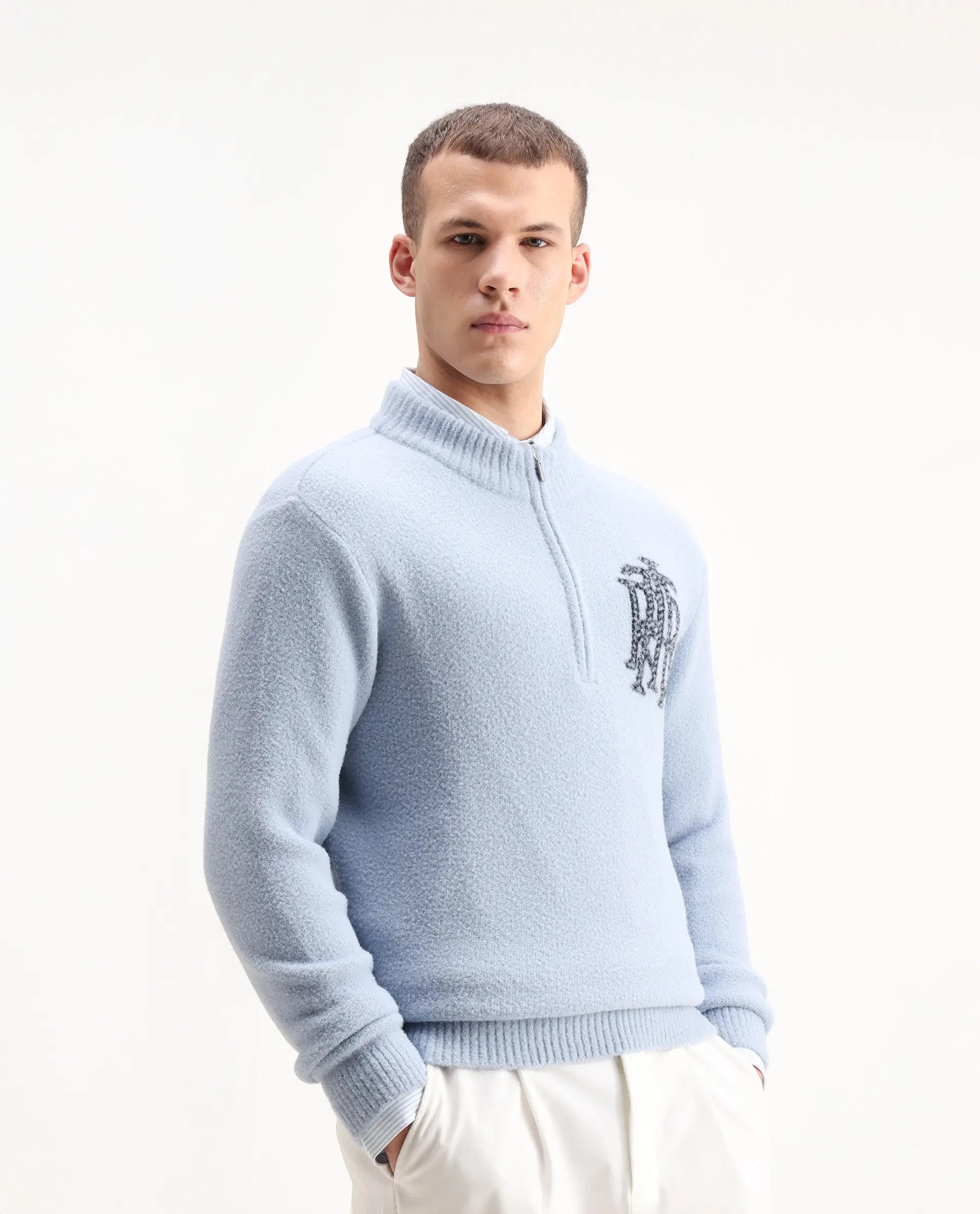 Rare Rabbit Men's Luke Pastel Blue Cotton Plain Regular Fit Full Sleeve High Neck Sweater