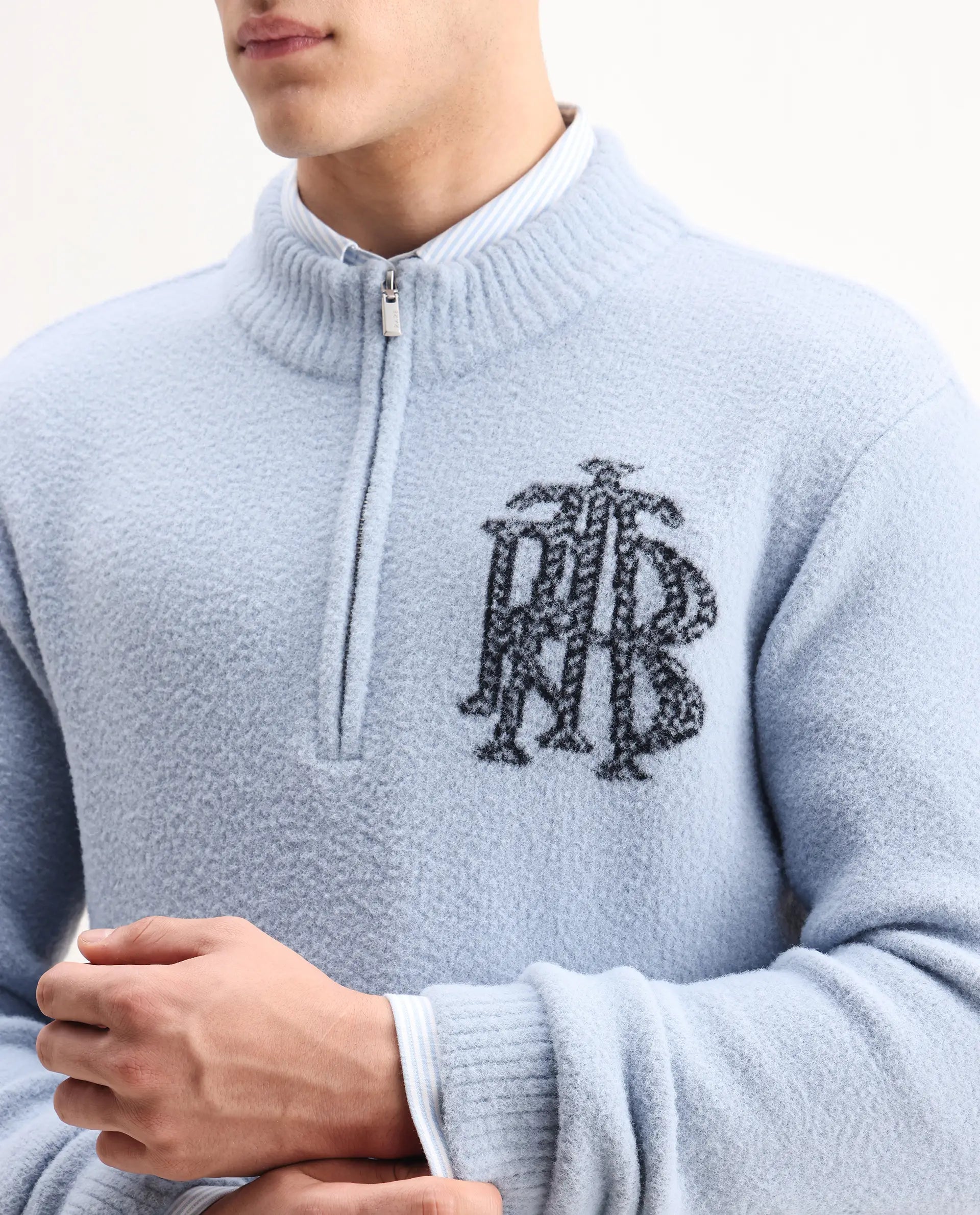 Rare Rabbit Men's Luke Pastel Blue Cotton Plain Regular Fit Full Sleeve High Neck Sweater