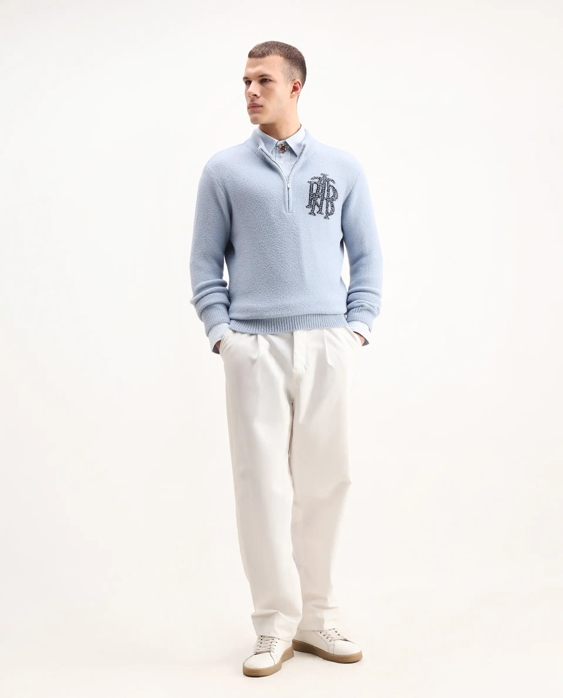 Rare Rabbit Men's Luke Pastel Blue Cotton Plain Regular Fit Full Sleeve High Neck Sweater