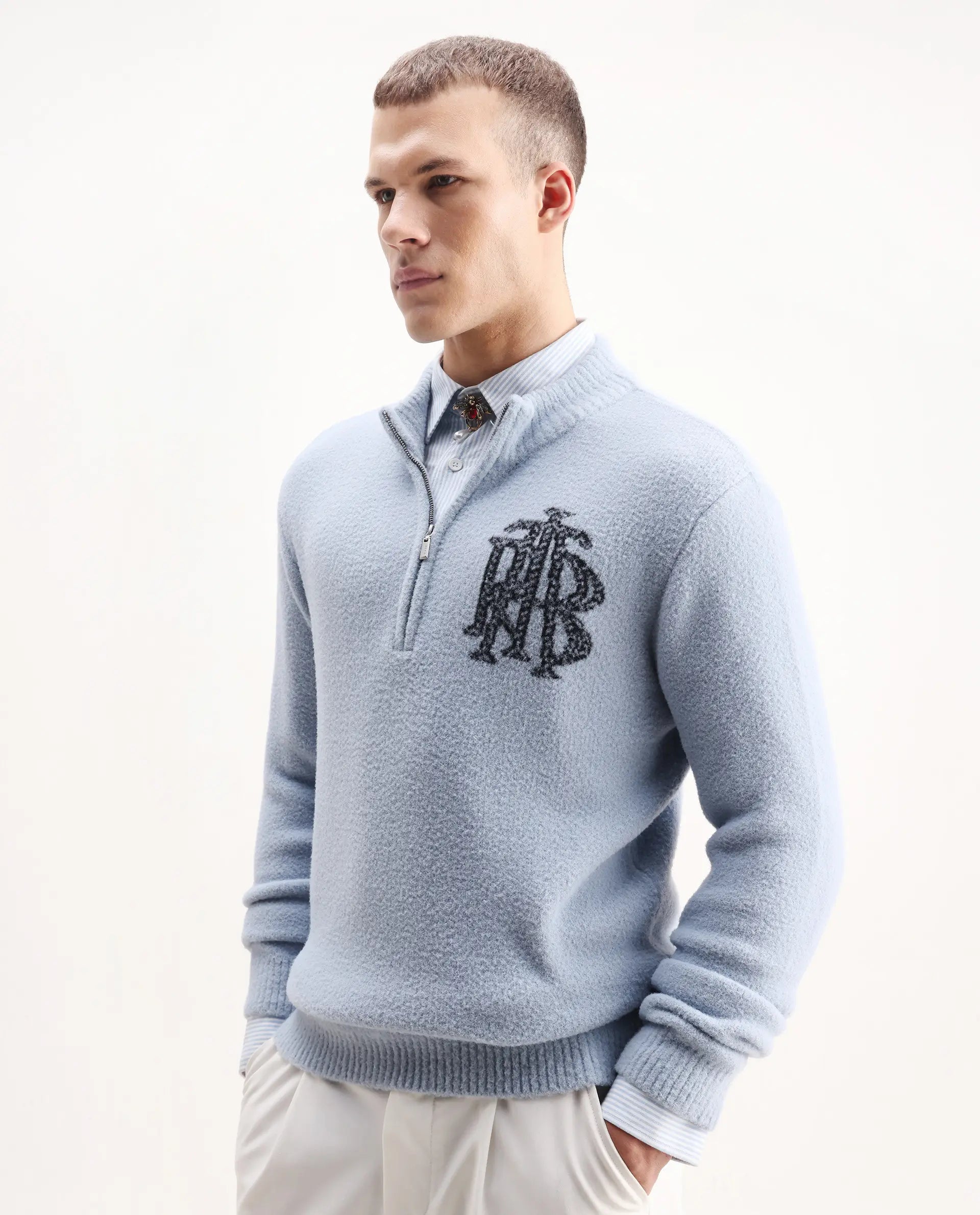 Rare Rabbit Men's Luke Pastel Blue Cotton Plain Regular Fit Full Sleeve High Neck Sweater