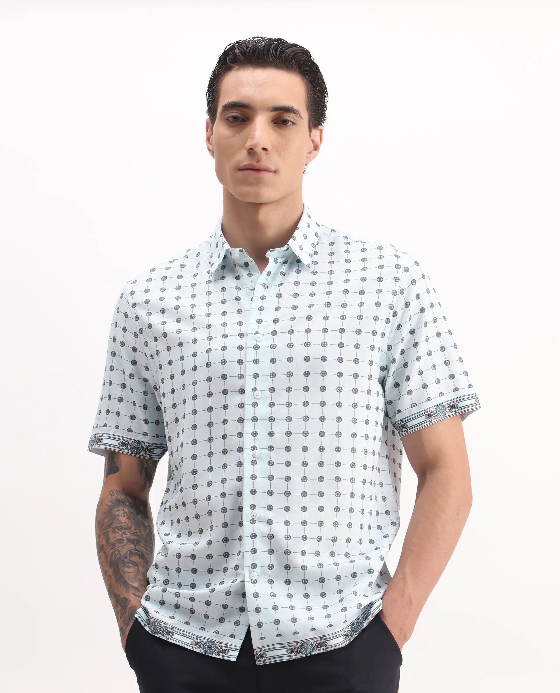 Rare Rabbit Men's Lumi Pastel Blue Cotton Blend Geometric Print Regular Fit Half Sleeve Collared Shirt
