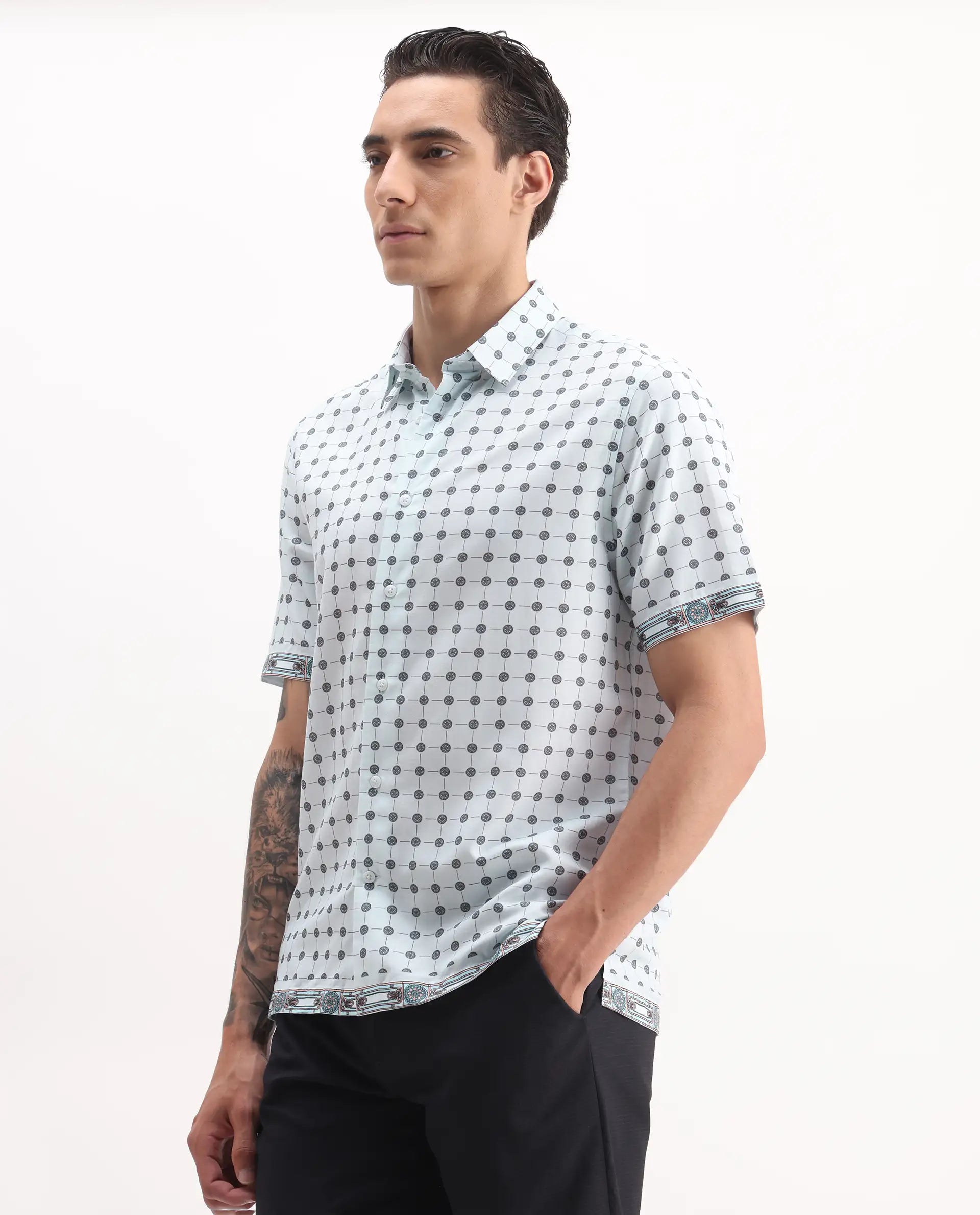 Rare Rabbit Men's Lumi Pastel Blue Cotton Blend Geometric Print Regular Fit Half Sleeve Collared Shirt