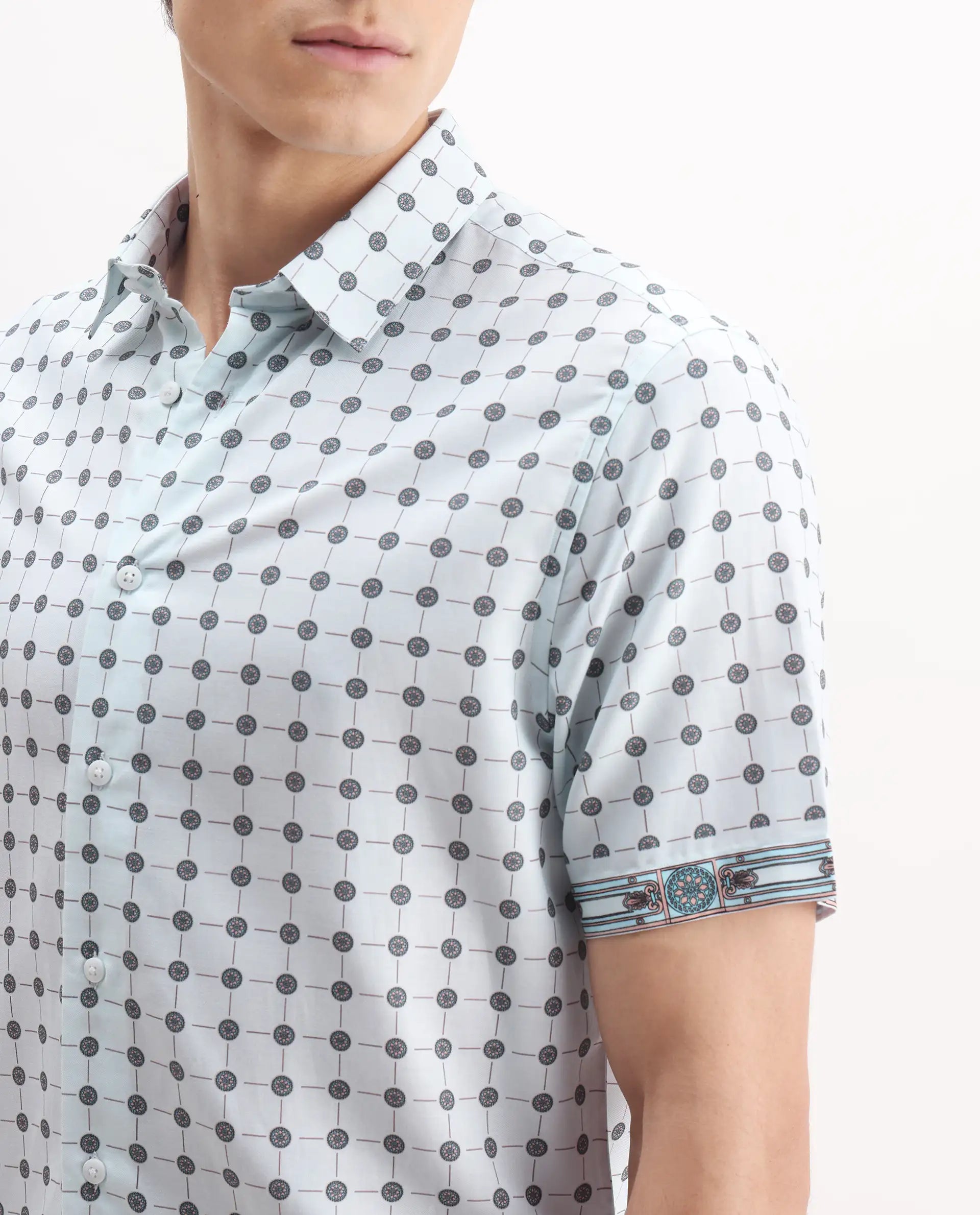 Rare Rabbit Men's Lumi Pastel Blue Cotton Blend Geometric Print Regular Fit Half Sleeve Collared Shirt