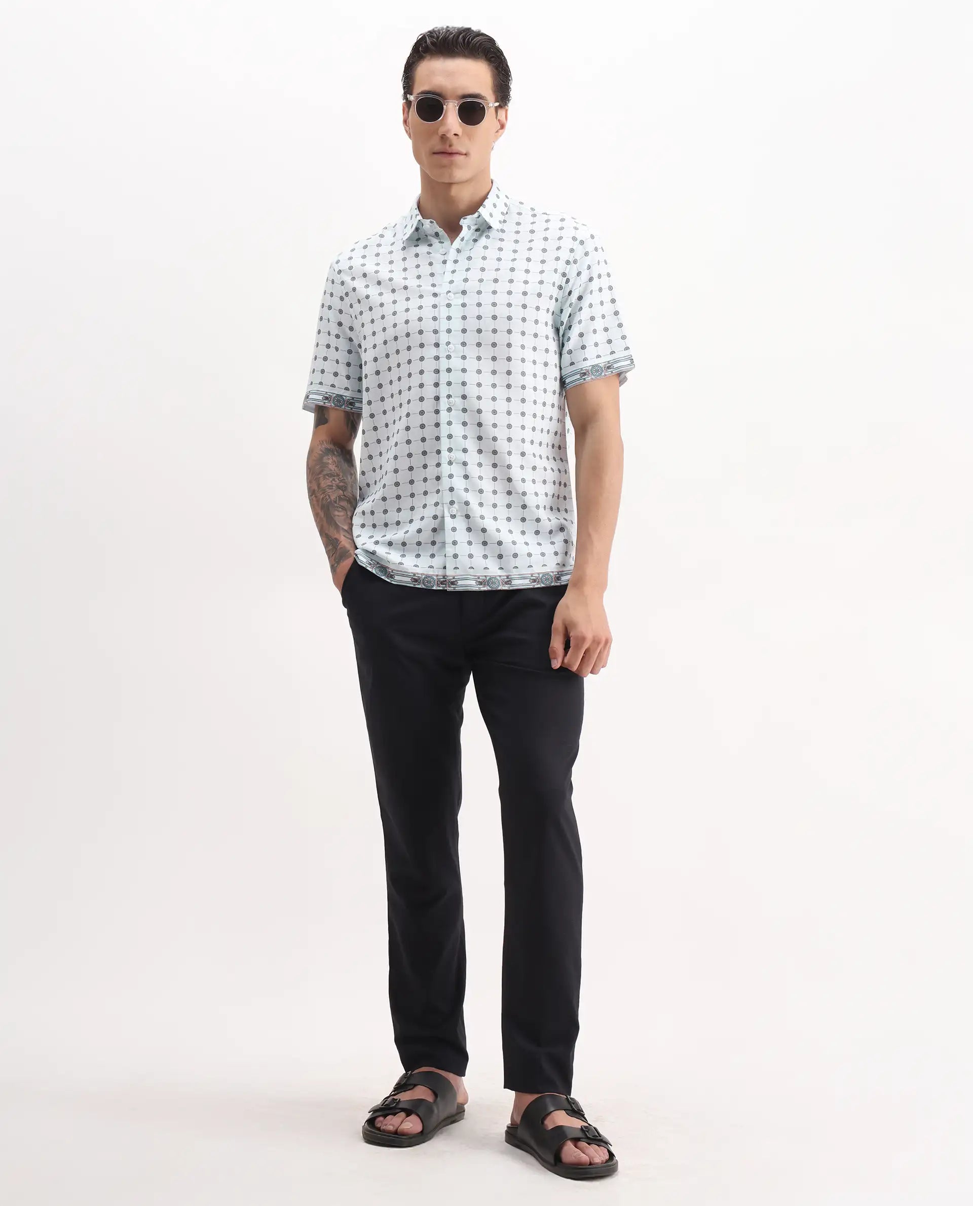 Rare Rabbit Men's Lumi Pastel Blue Cotton Blend Geometric Print Regular Fit Half Sleeve Collared Shirt