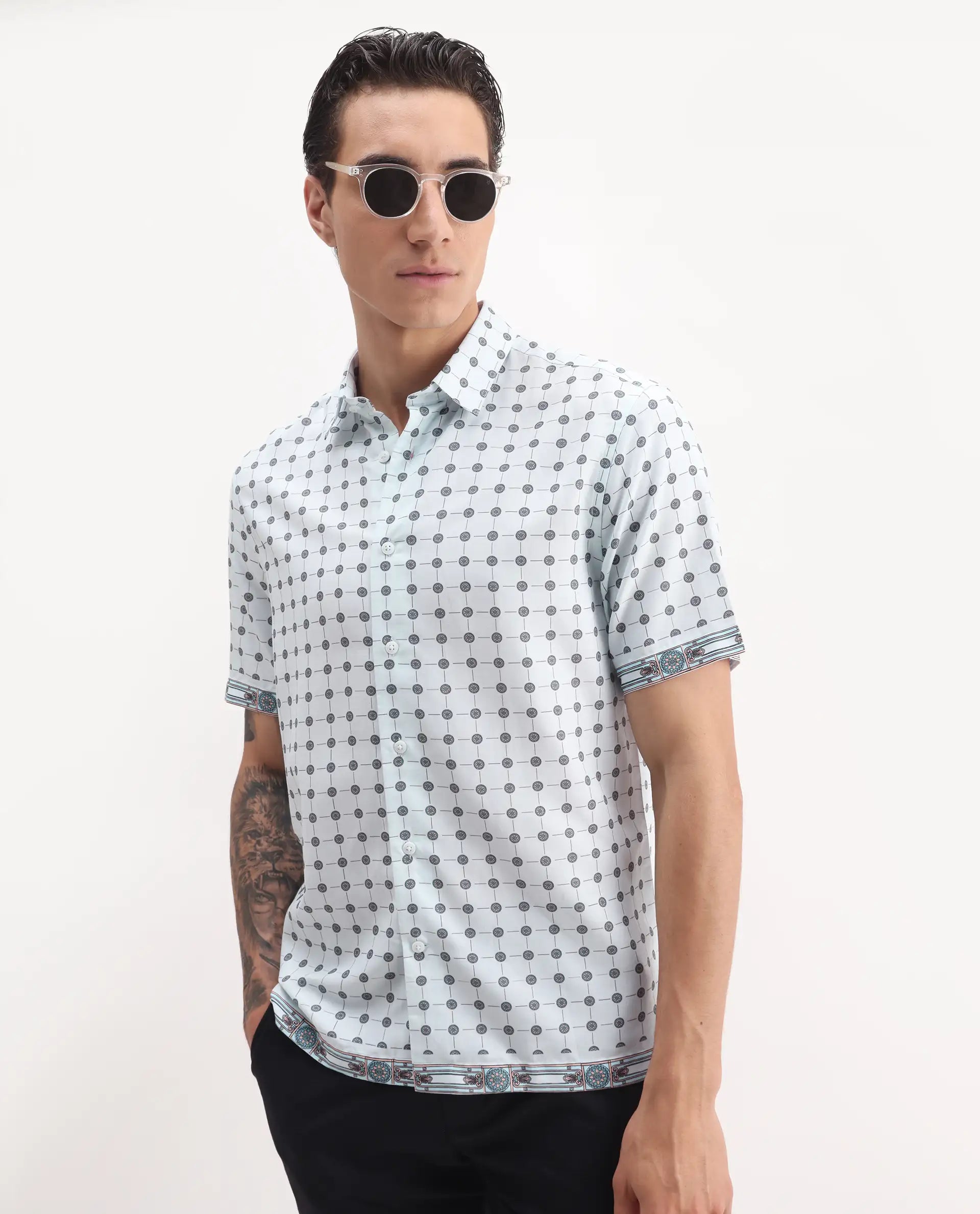 Rare Rabbit Men's Lumi Pastel Blue Cotton Blend Geometric Print Regular Fit Half Sleeve Collared Shirt