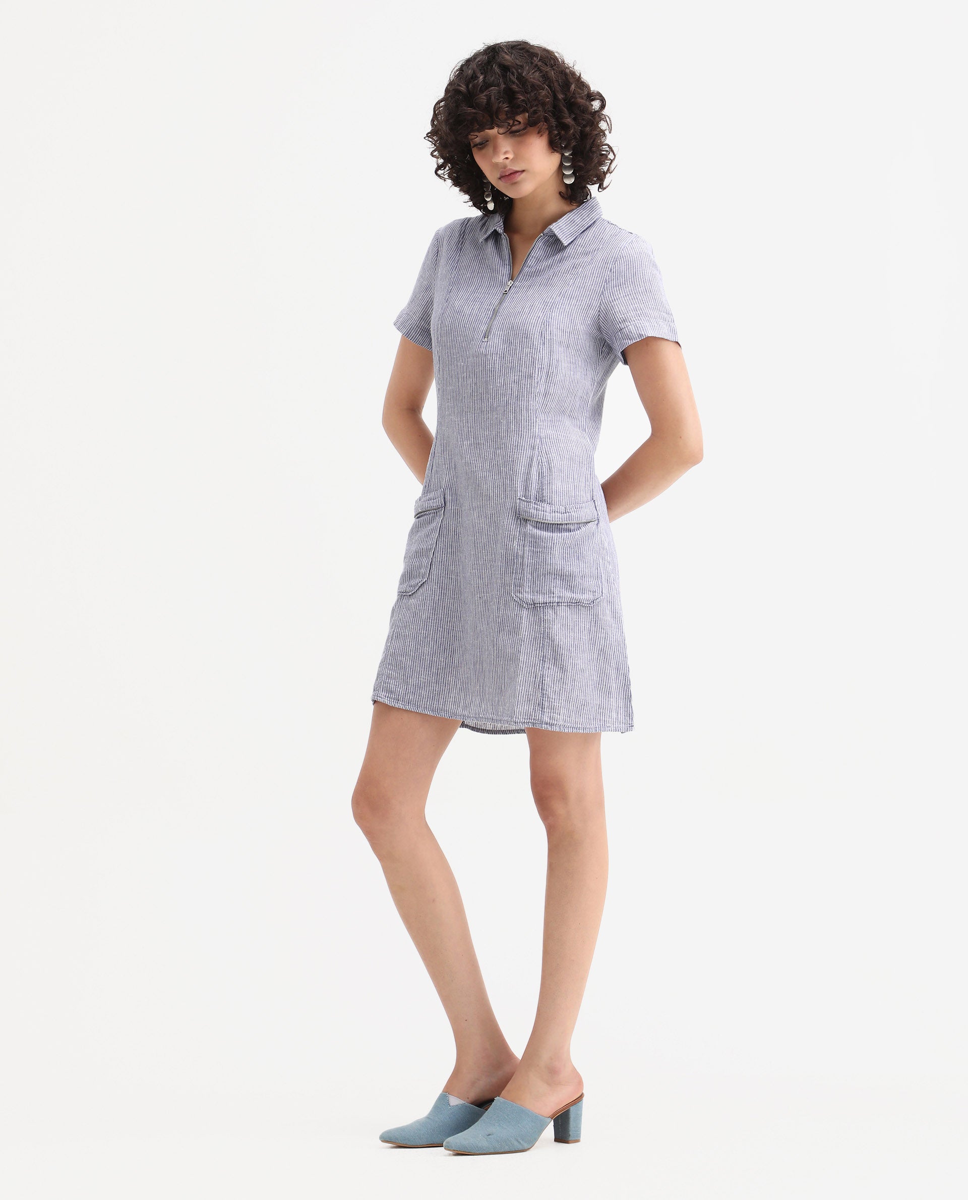 Rareism Women's Luna Blue Linen Spread Collar Striped Knee Length Regular Fit Dress
