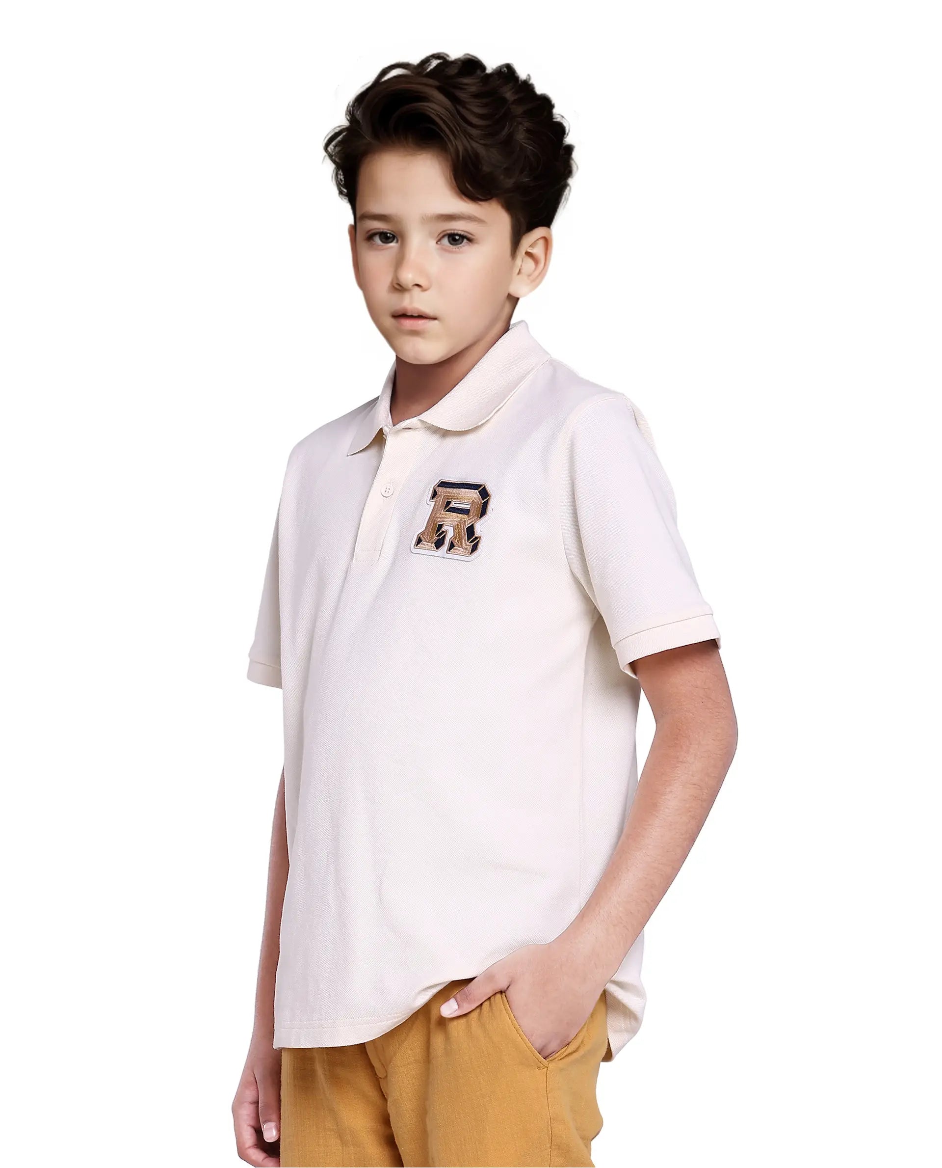 Rare Ones Kids Luan White Cotton Short Sleeve Applique Print Polo