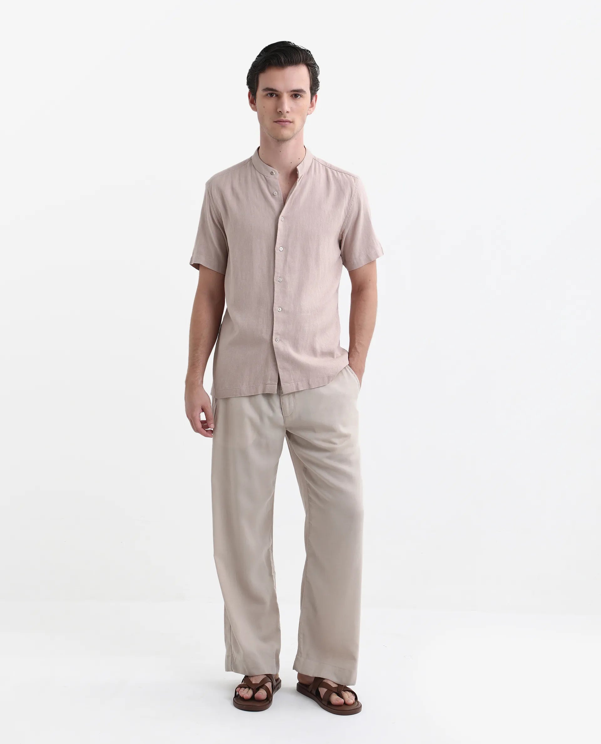 Rare Rabbit Men's Lune Ss Dusky Pink Linen Plain Regular Fit Half Sleeve Mandarin Collar Shirt