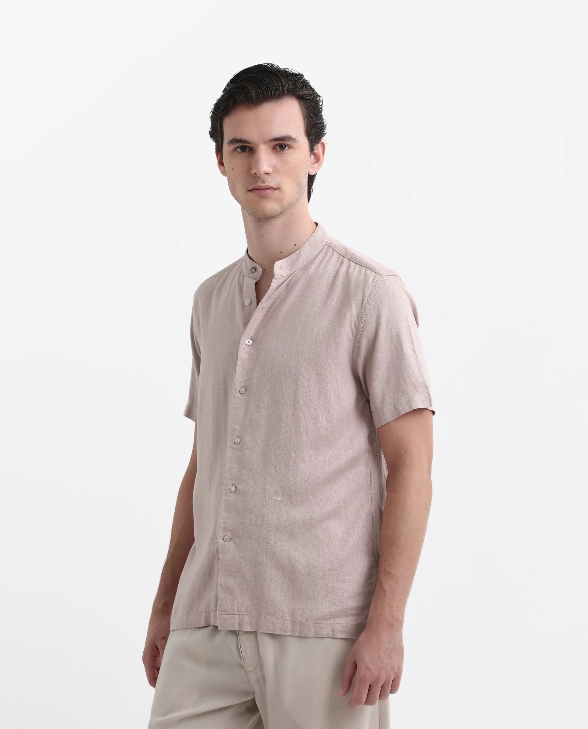 Rare Rabbit Men's Lune Ss Dusky Pink Linen Plain Regular Fit Half Sleeve Mandarin Collar Shirt