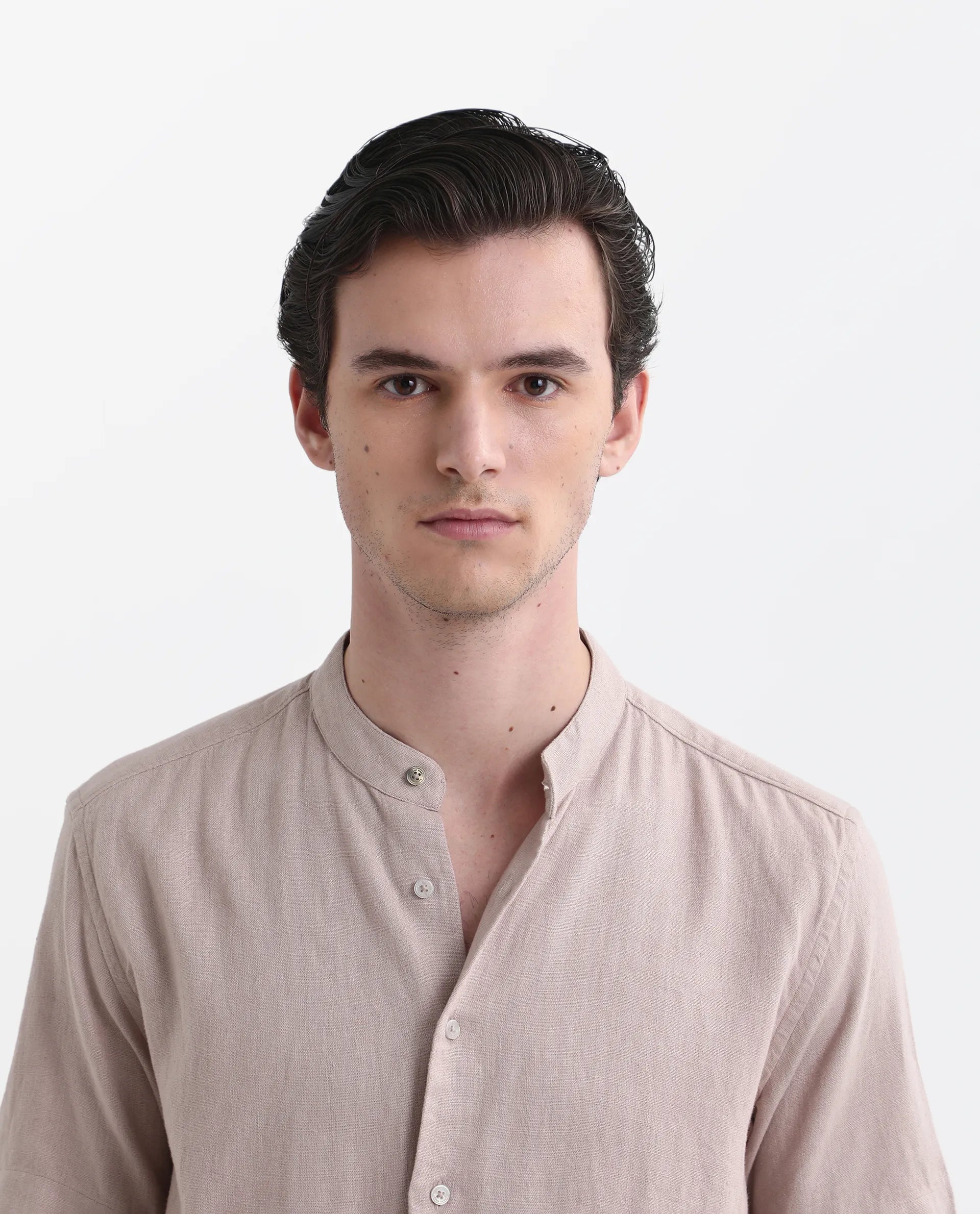 Rare Rabbit Men's Lune Ss Dusky Pink Linen Plain Regular Fit Half Sleeve Mandarin Collar Shirt