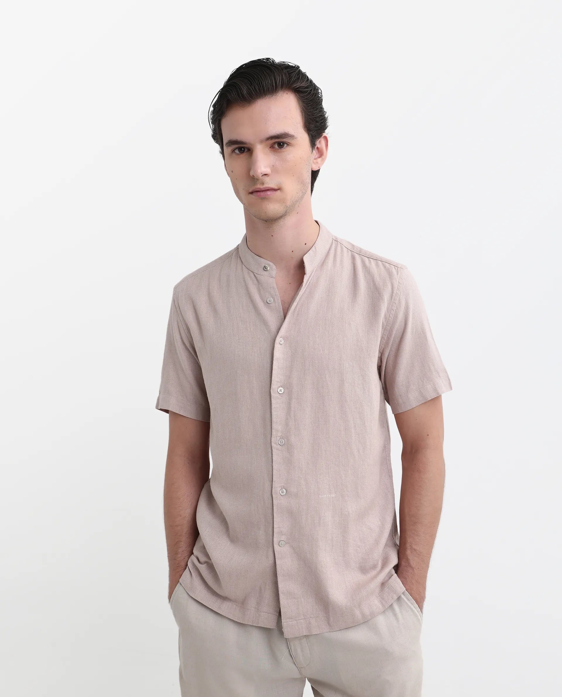 Rare Rabbit Men's Lune Ss Dusky Pink Linen Plain Regular Fit Half Sleeve Mandarin Collar Shirt