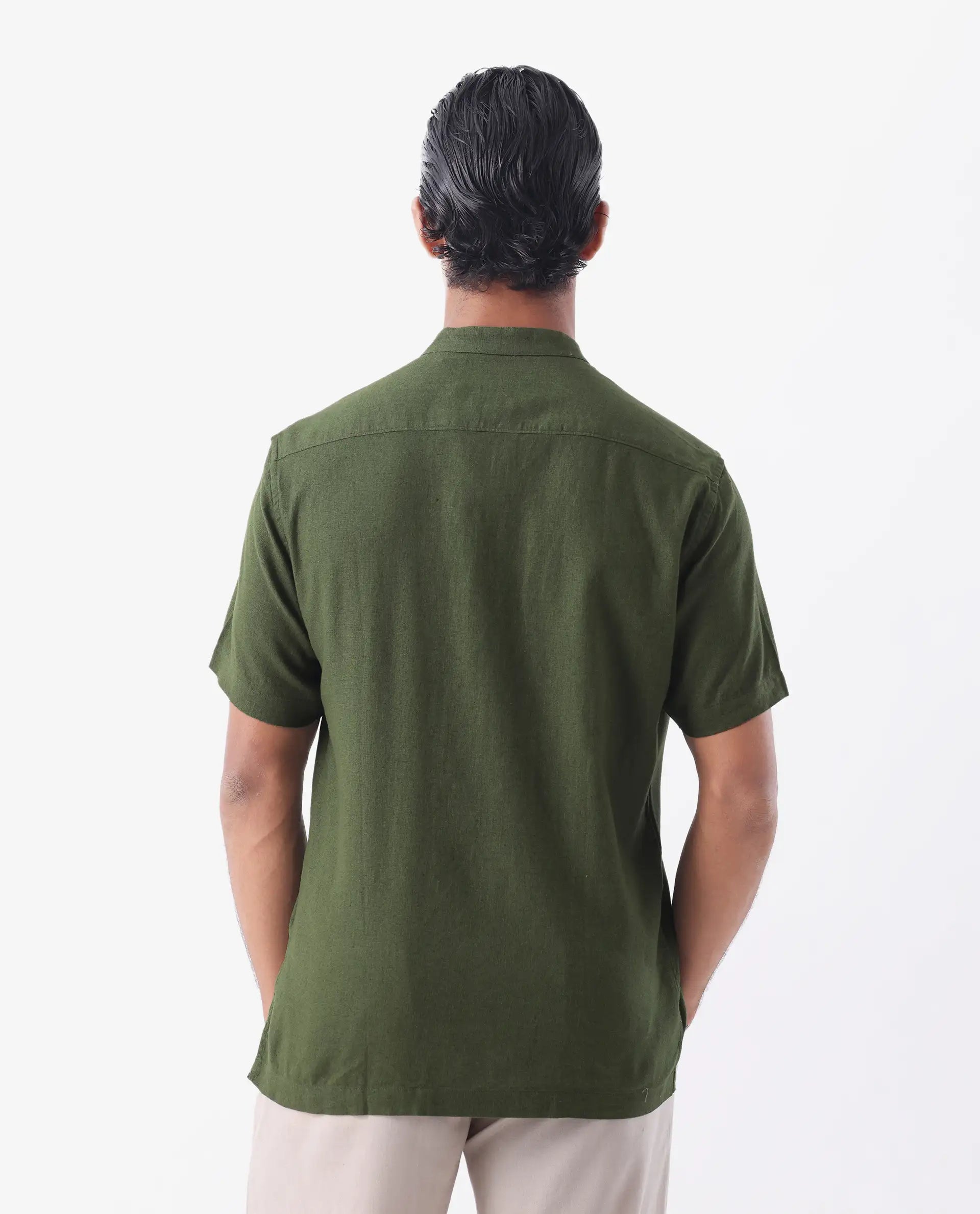 Rare Rabbit Men's Lune Ss Olive 100% Linen Plain Regular Fit Half Sleeve Mandarin Collar Shirt