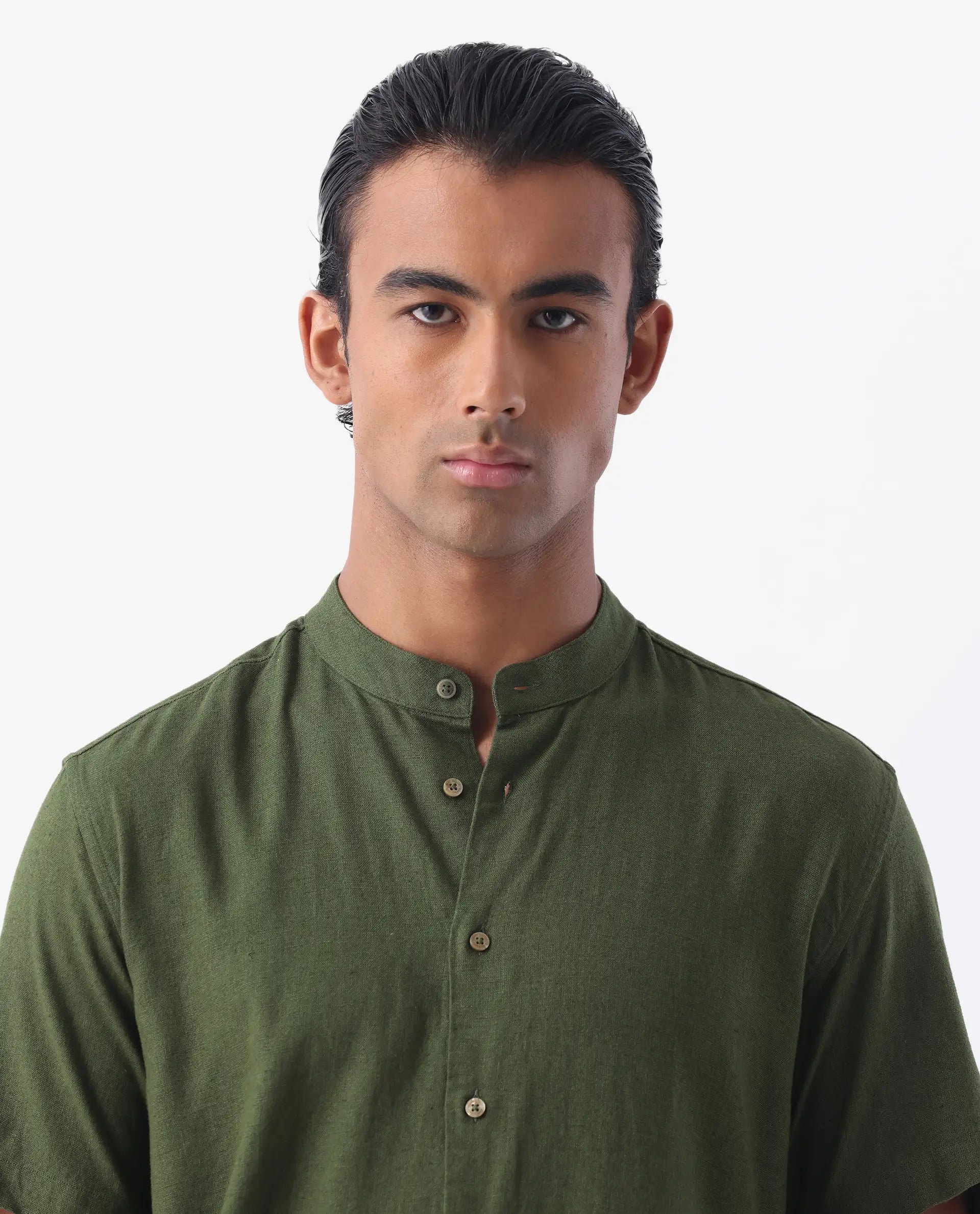 Rare Rabbit Men's Lune Ss Olive 100% Linen Plain Regular Fit Half Sleeve Mandarin Collar Shirt