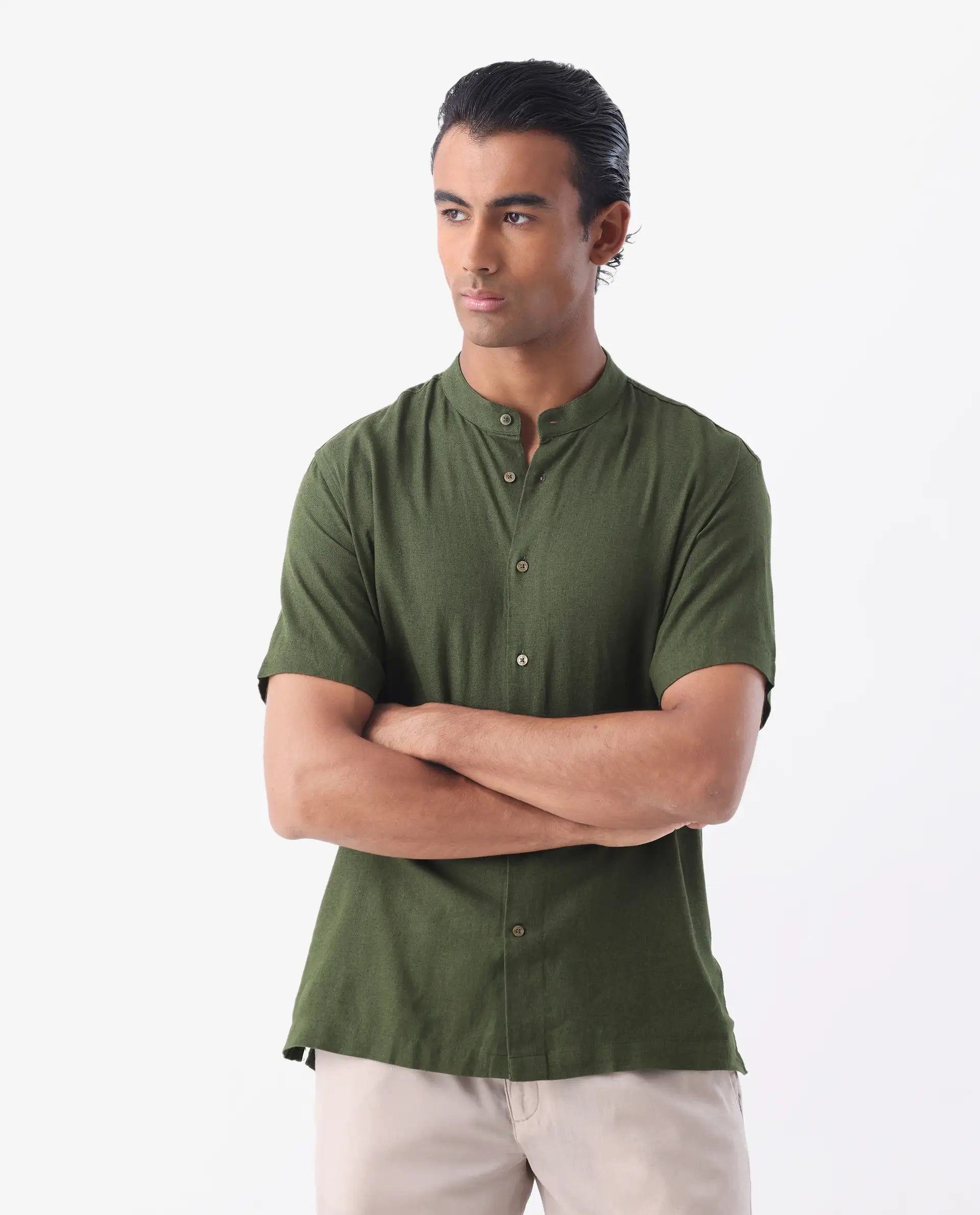 Rare Rabbit Men's Lune Ss Olive 100% Linen Plain Regular Fit Half Sleeve Mandarin Collar Shirt