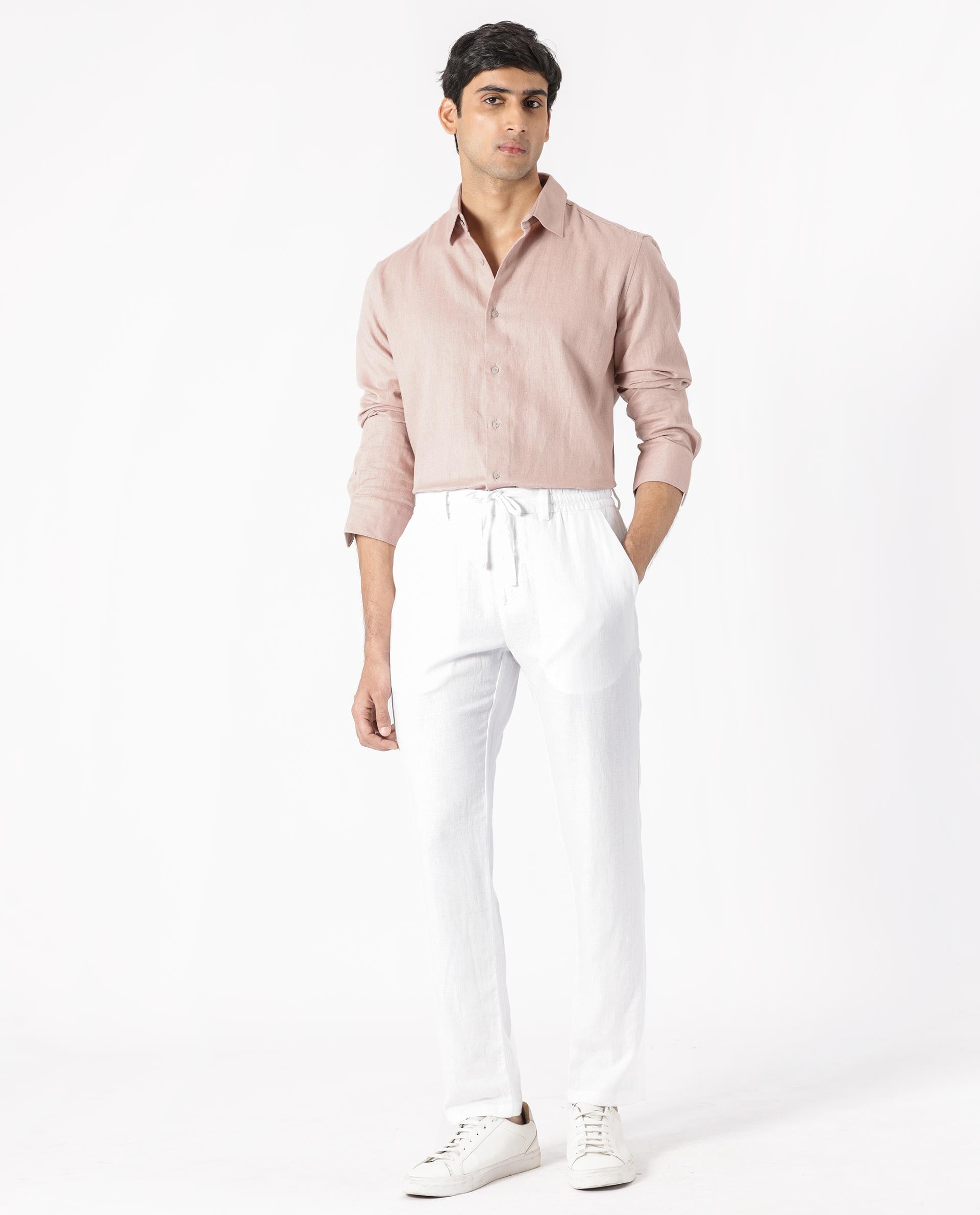 Rare Rabbit Men's Lunet Dusky Pink Linen Full Sleeves Solid Shirt