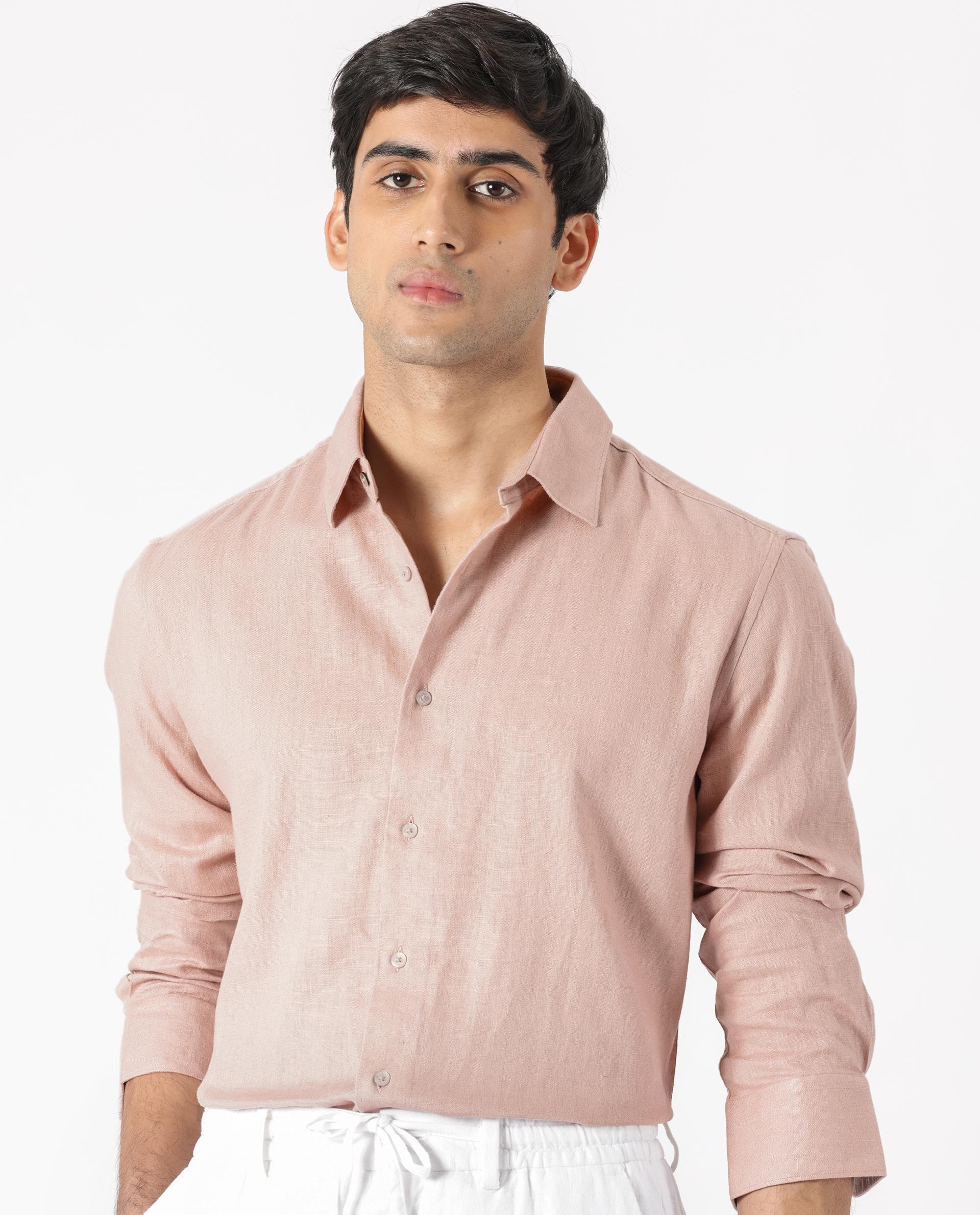 Rare Rabbit Men's Lunet Dusky Pink Linen Full Sleeves Solid Shirt