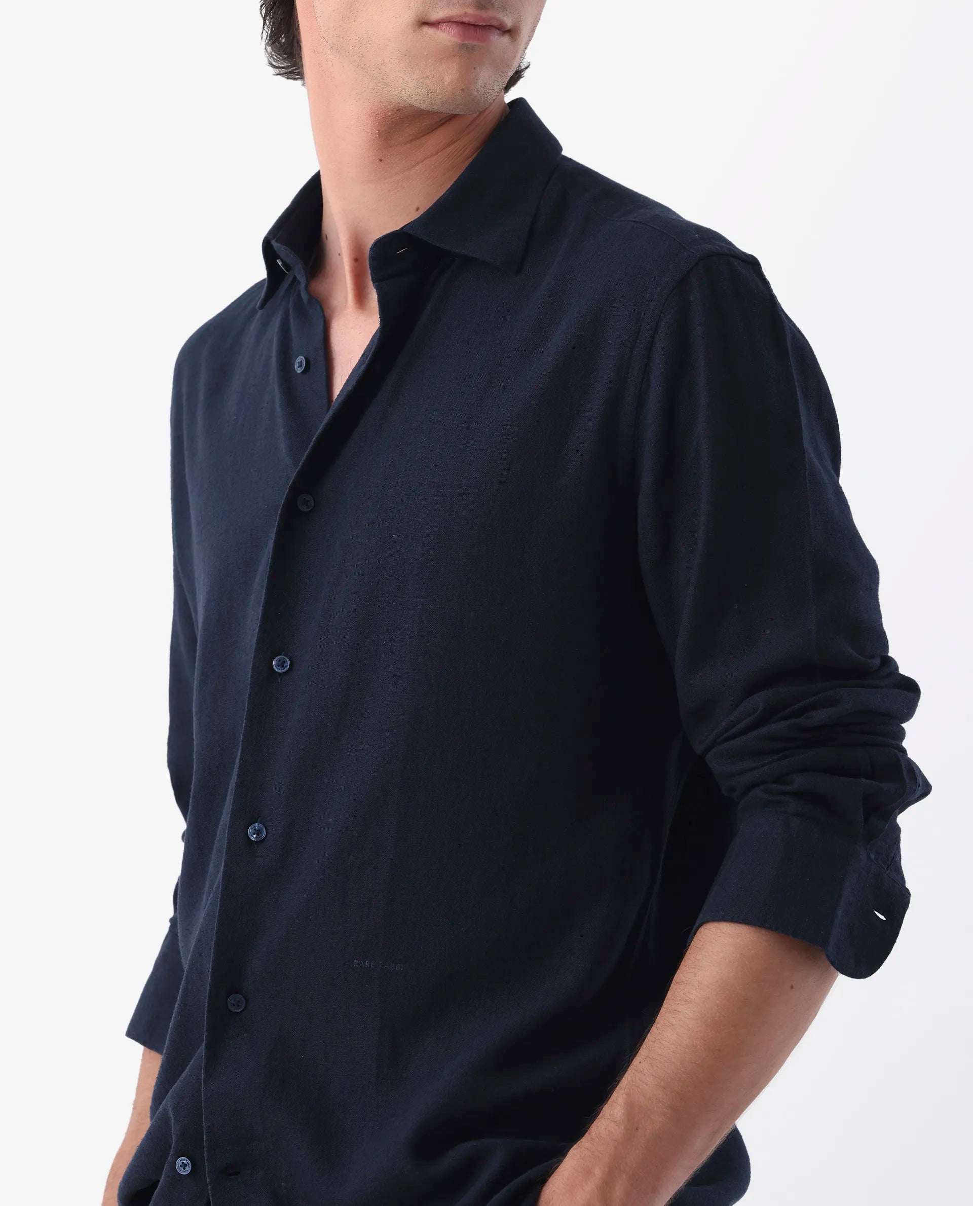 Rare Rabbit Men's Lunet Dark Navy Linen Full Sleeves Solid Shirt