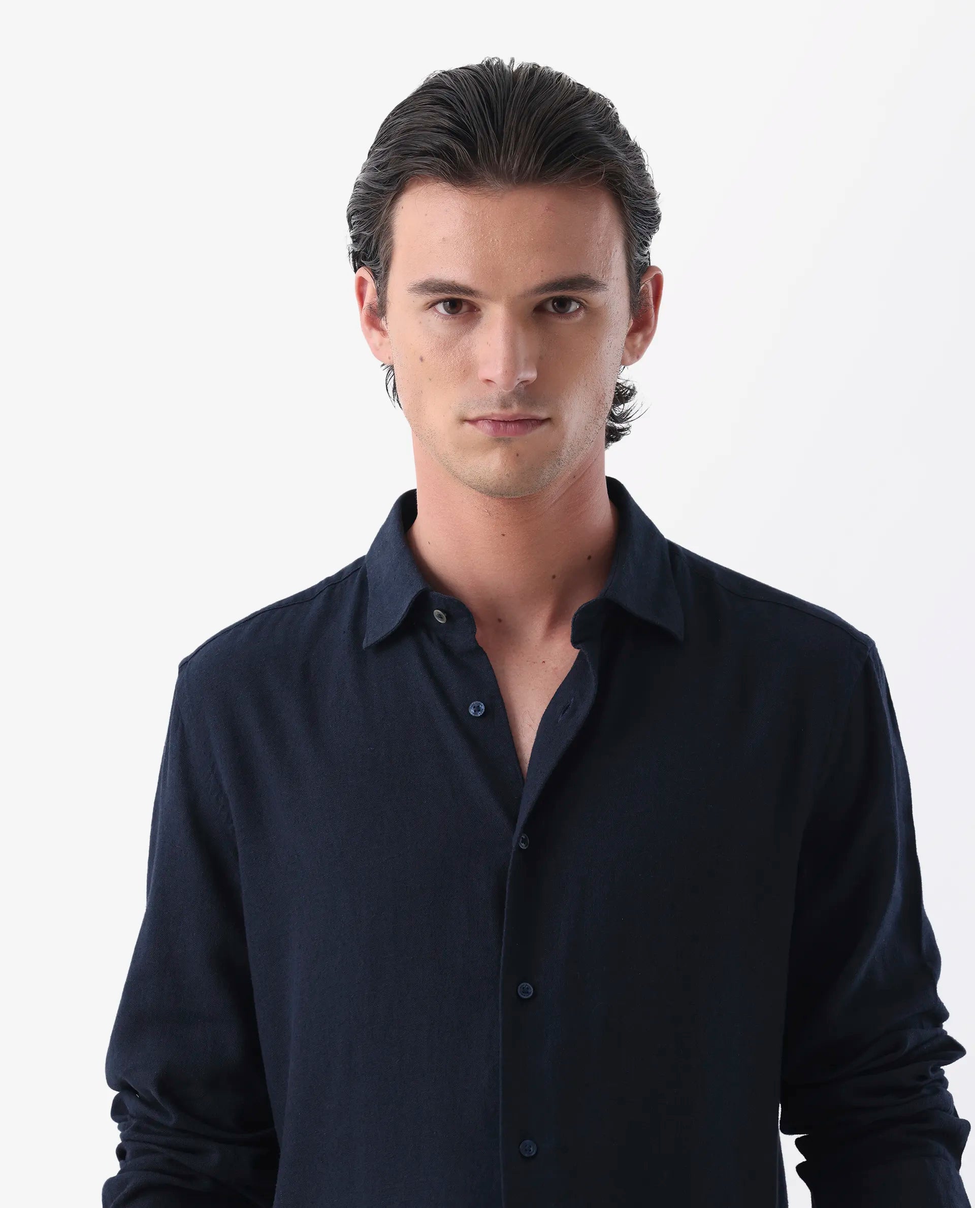 Rare Rabbit Men's Lunet Dark Navy Linen Full Sleeves Solid Shirt