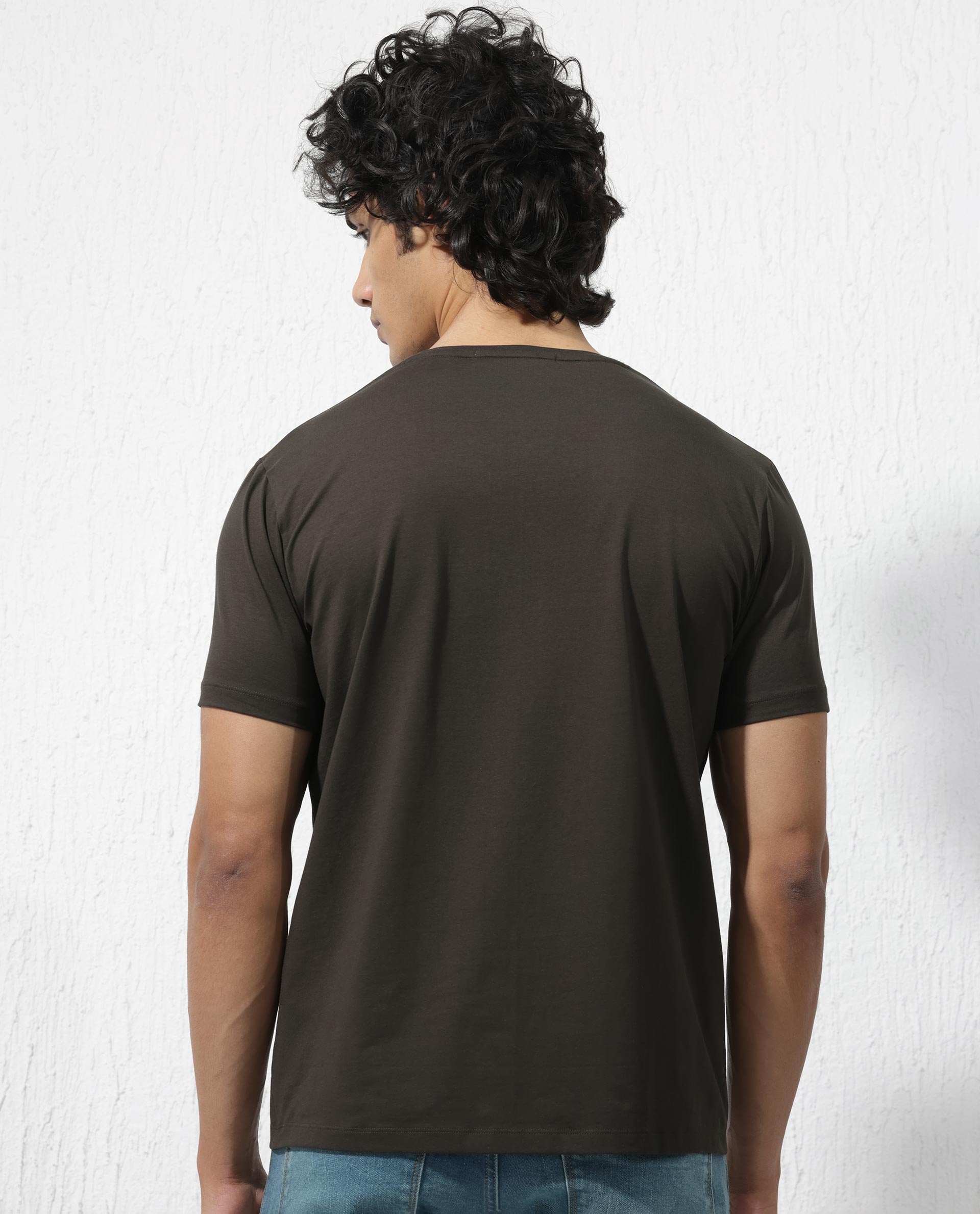 Rare Rabbit Men's Luno Olive Cotton Lycra Fabric Half Sleeves Graphic Print T-Shirt