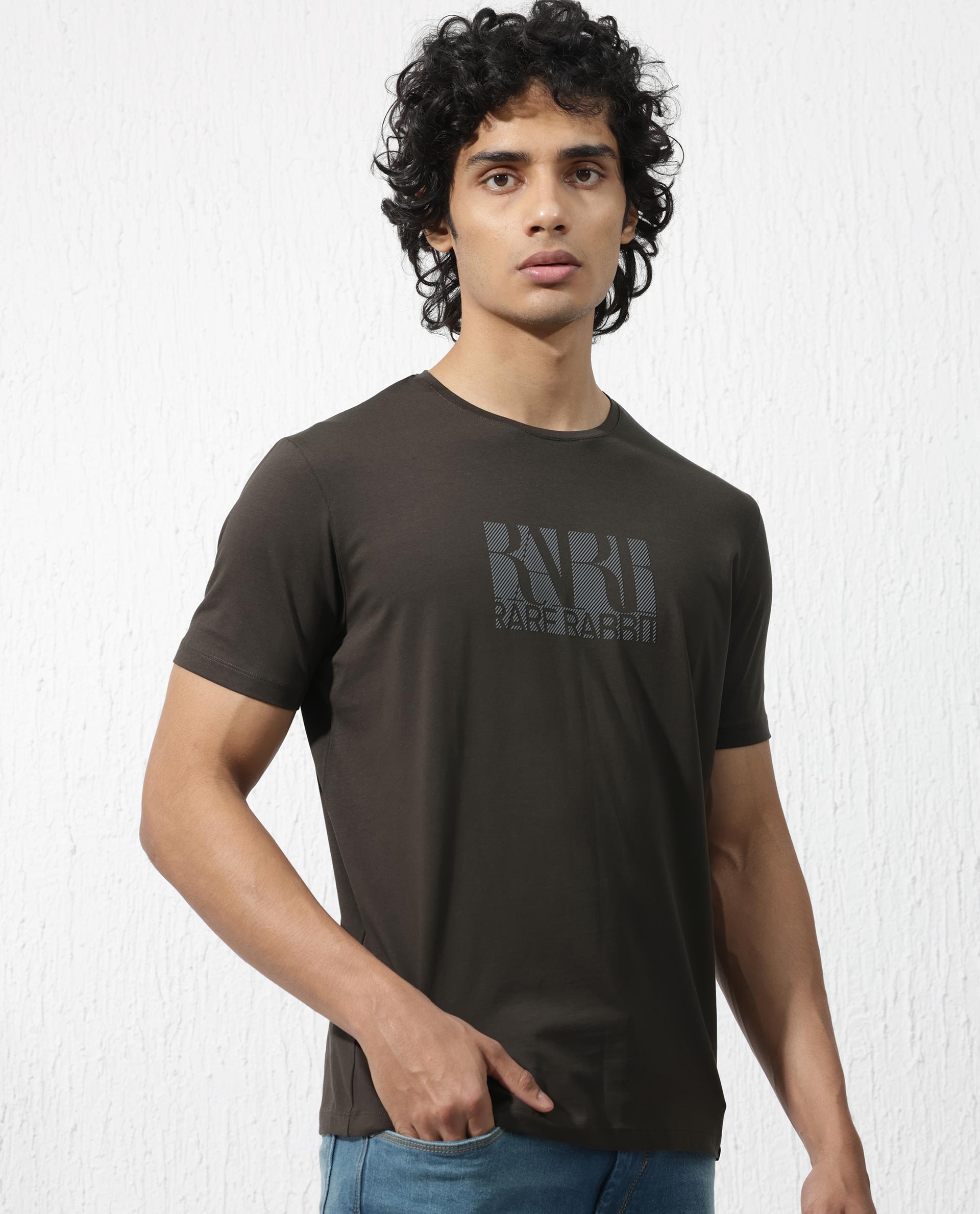 Rare Rabbit Men's Luno Olive Cotton Lycra Fabric Half Sleeves Graphic Print T-Shirt