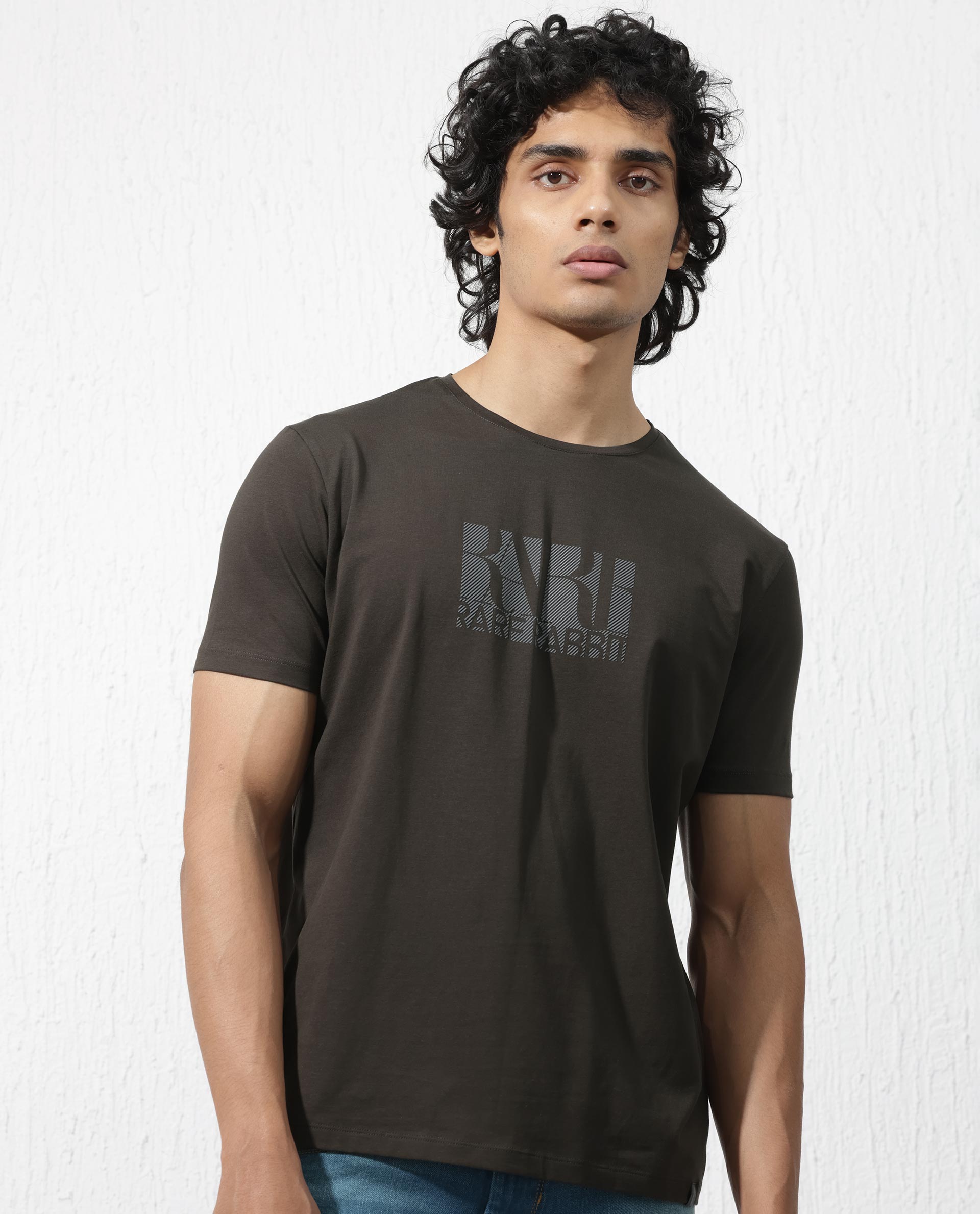 Rare Rabbit Men's Luno Olive Cotton Lycra Fabric Half Sleeves Graphic Print T-Shirt