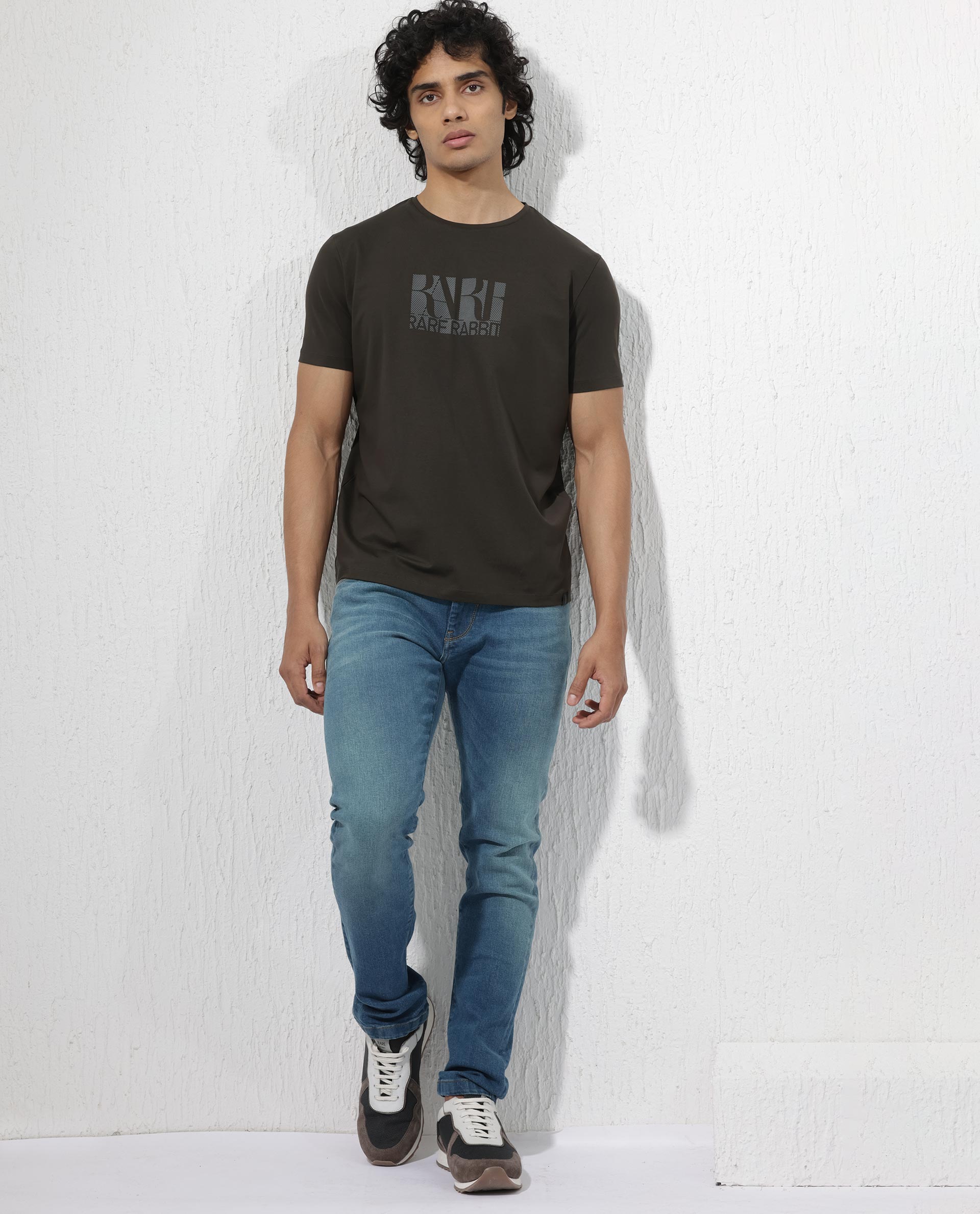 Rare Rabbit Men's Luno Olive Cotton Lycra Fabric Half Sleeves Graphic Print T-Shirt