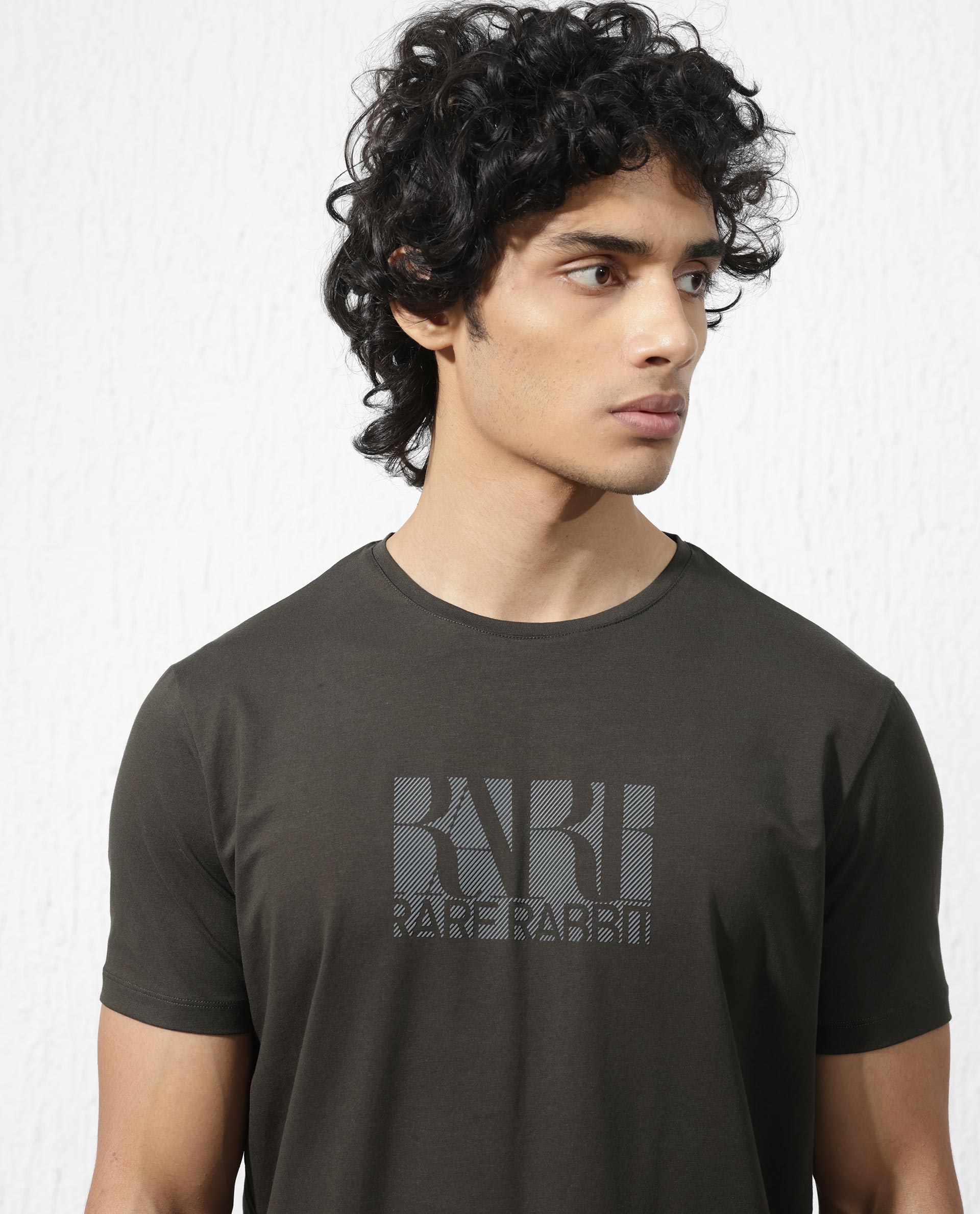 Rare Rabbit Men's Luno Olive Cotton Lycra Fabric Half Sleeves Graphic Print T-Shirt