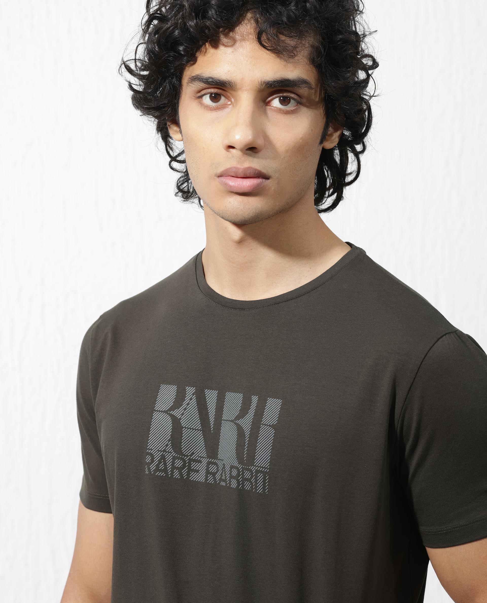 Rare Rabbit Men's Luno Olive Cotton Lycra Fabric Half Sleeves Graphic Print T-Shirt