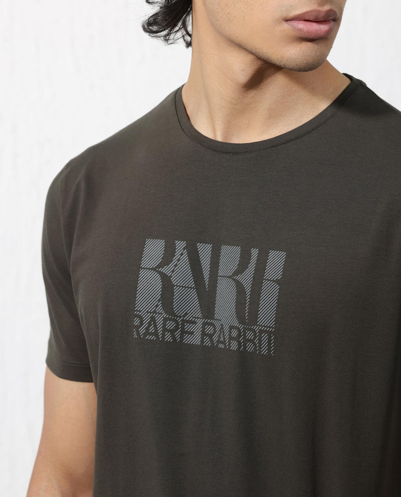 Rare Rabbit Men's Luno Olive Cotton Lycra Fabric Half Sleeves Graphic Print T-Shirt