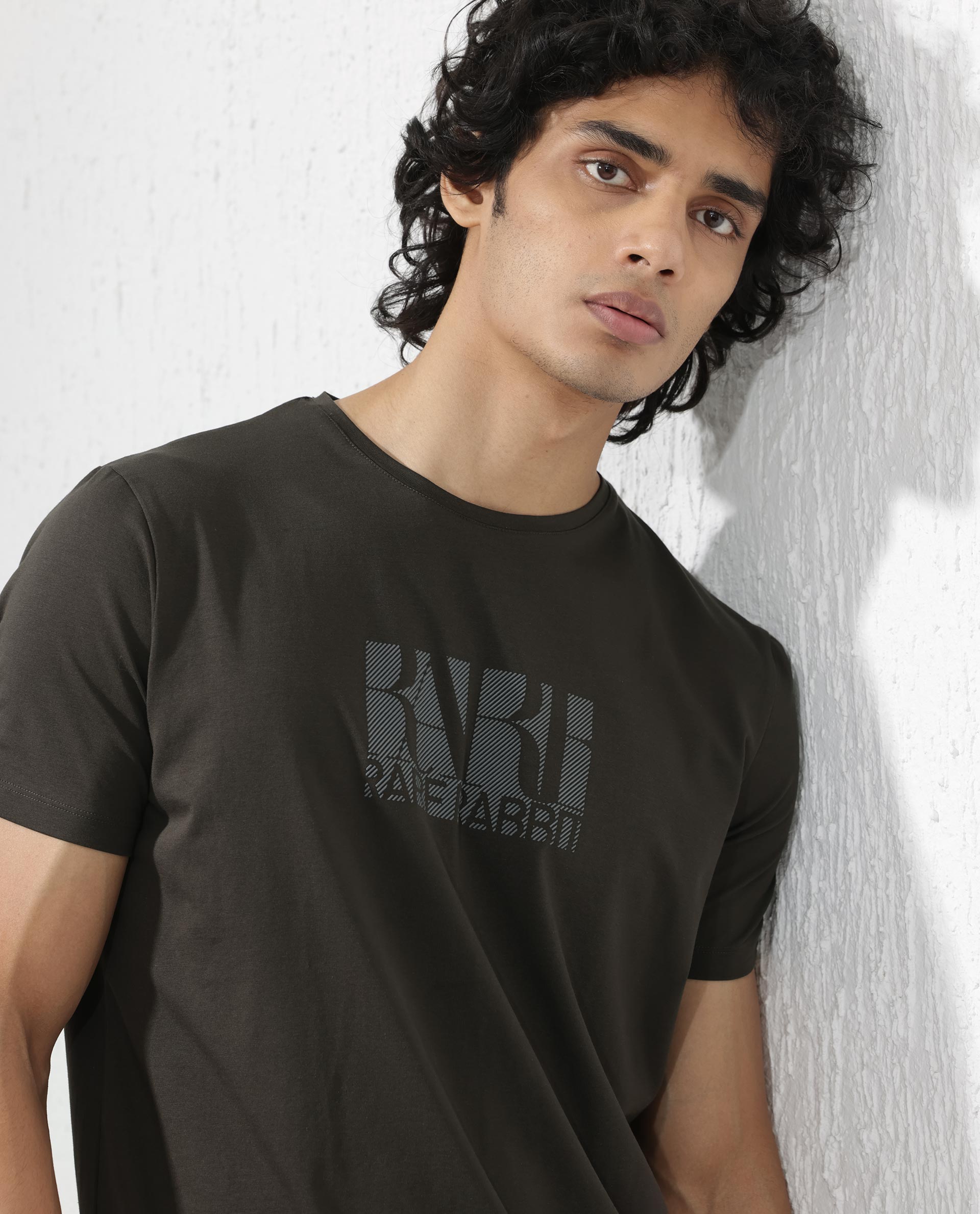 Rare Rabbit Men's Luno Olive Cotton Lycra Fabric Half Sleeves Graphic Print T-Shirt