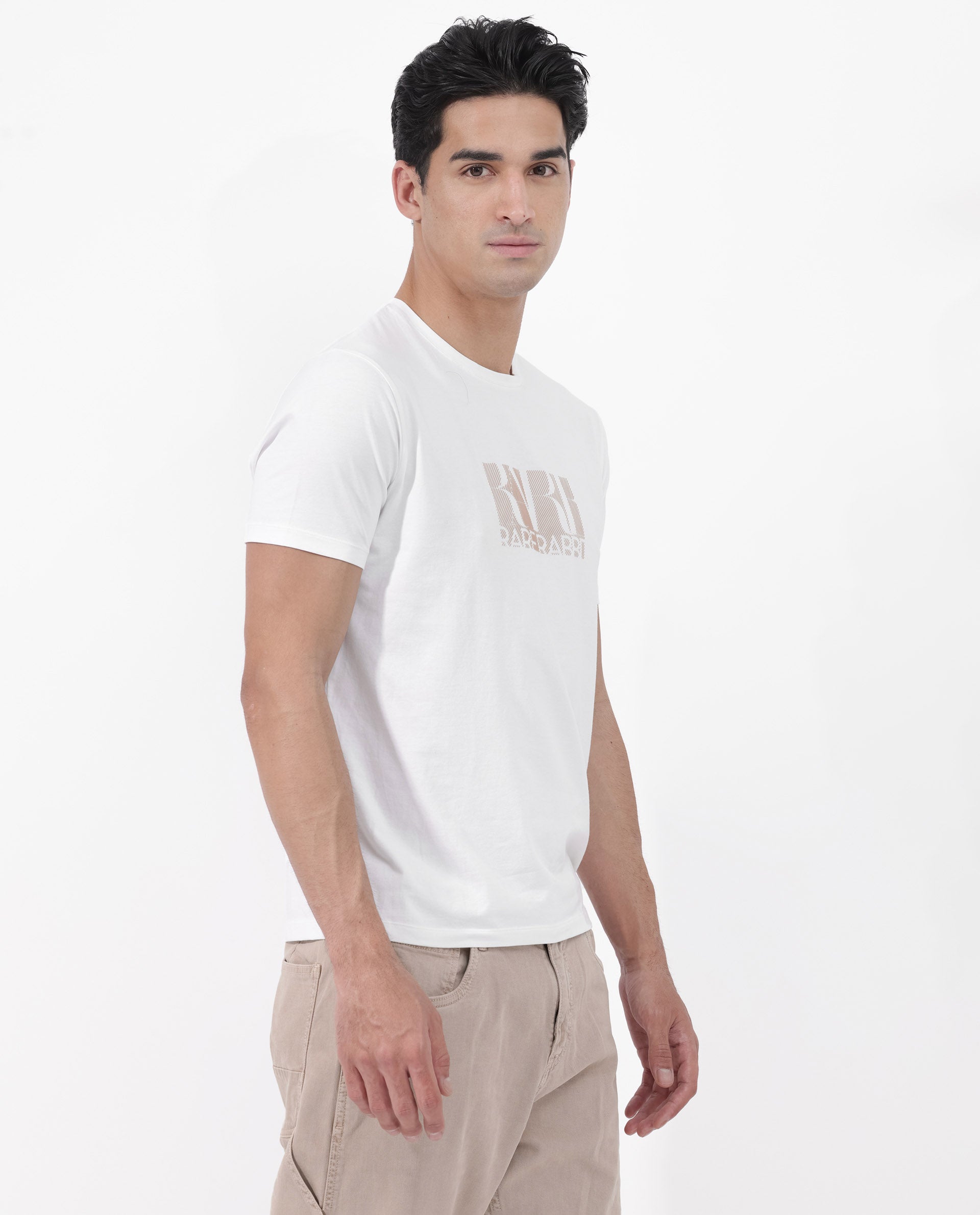 Rare Rabbit Mens Luno White Cotton Blrend Fabric Half Sleeve Graphic Printed T-Shirt