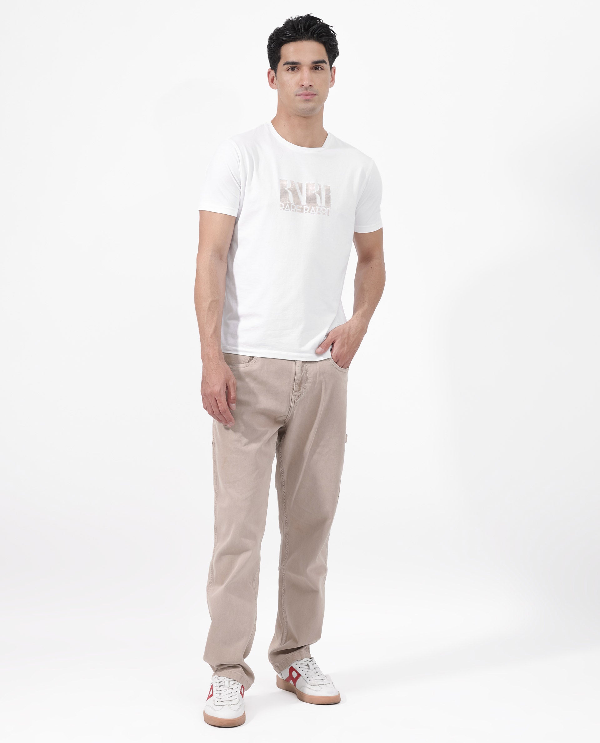 Rare Rabbit Mens Luno White Cotton Blrend Fabric Half Sleeve Graphic Printed T-Shirt