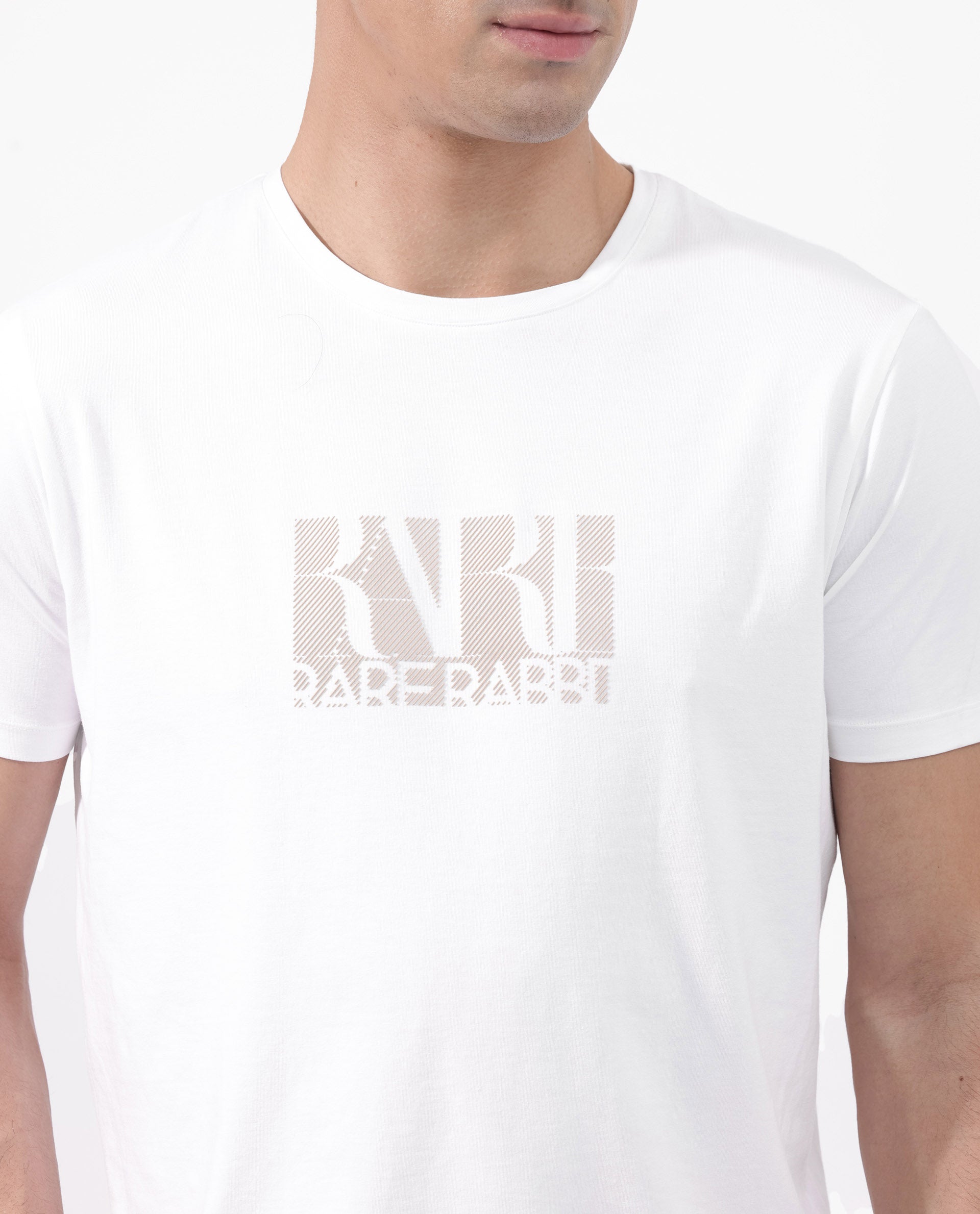 Rare Rabbit Mens Luno White Cotton Blrend Fabric Half Sleeve Graphic Printed T-Shirt