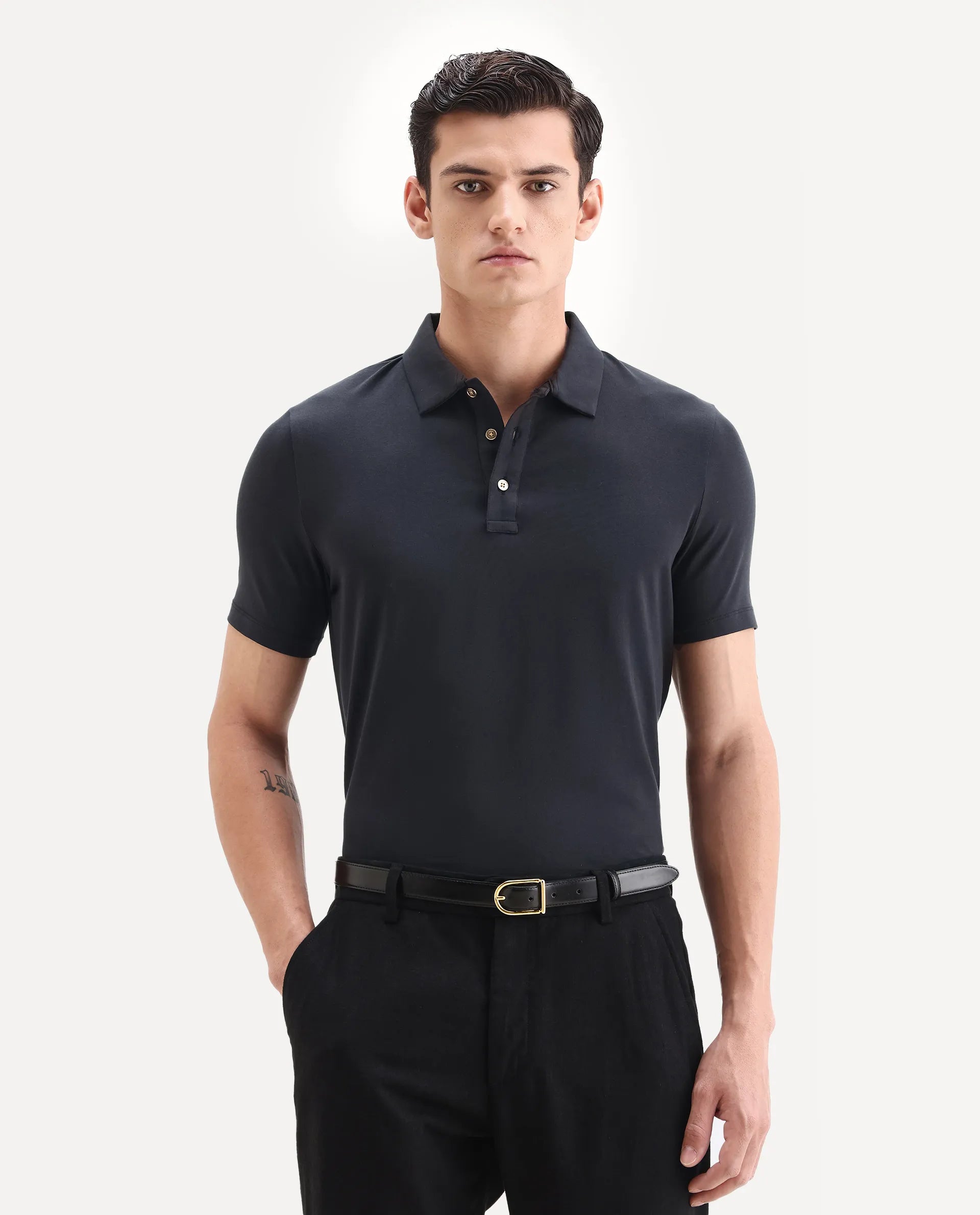 Rare Rabbit Men's Lupin Navy Cotton Plain Regular Fit Half Sleeve Polo
