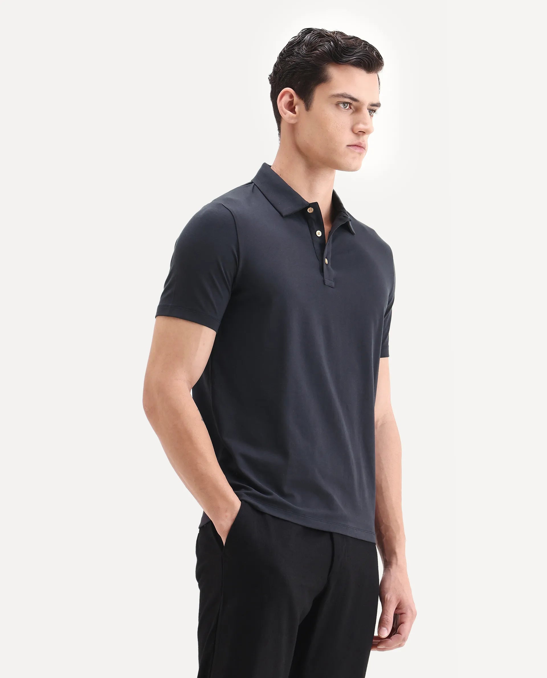 Rare Rabbit Men's Lupin Navy Cotton Plain Regular Fit Half Sleeve Polo