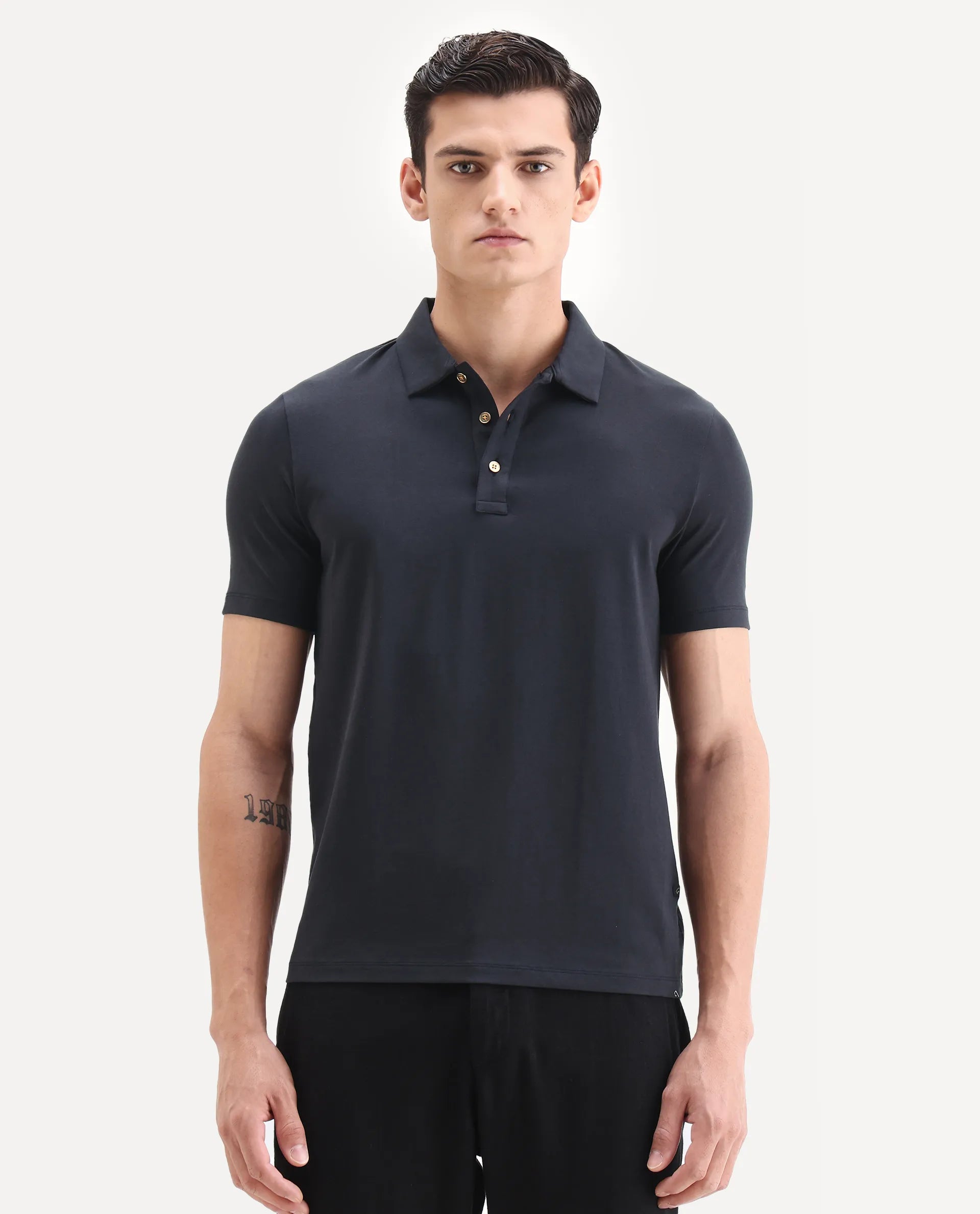 Rare Rabbit Men's Lupin Navy Cotton Plain Regular Fit Half Sleeve Polo