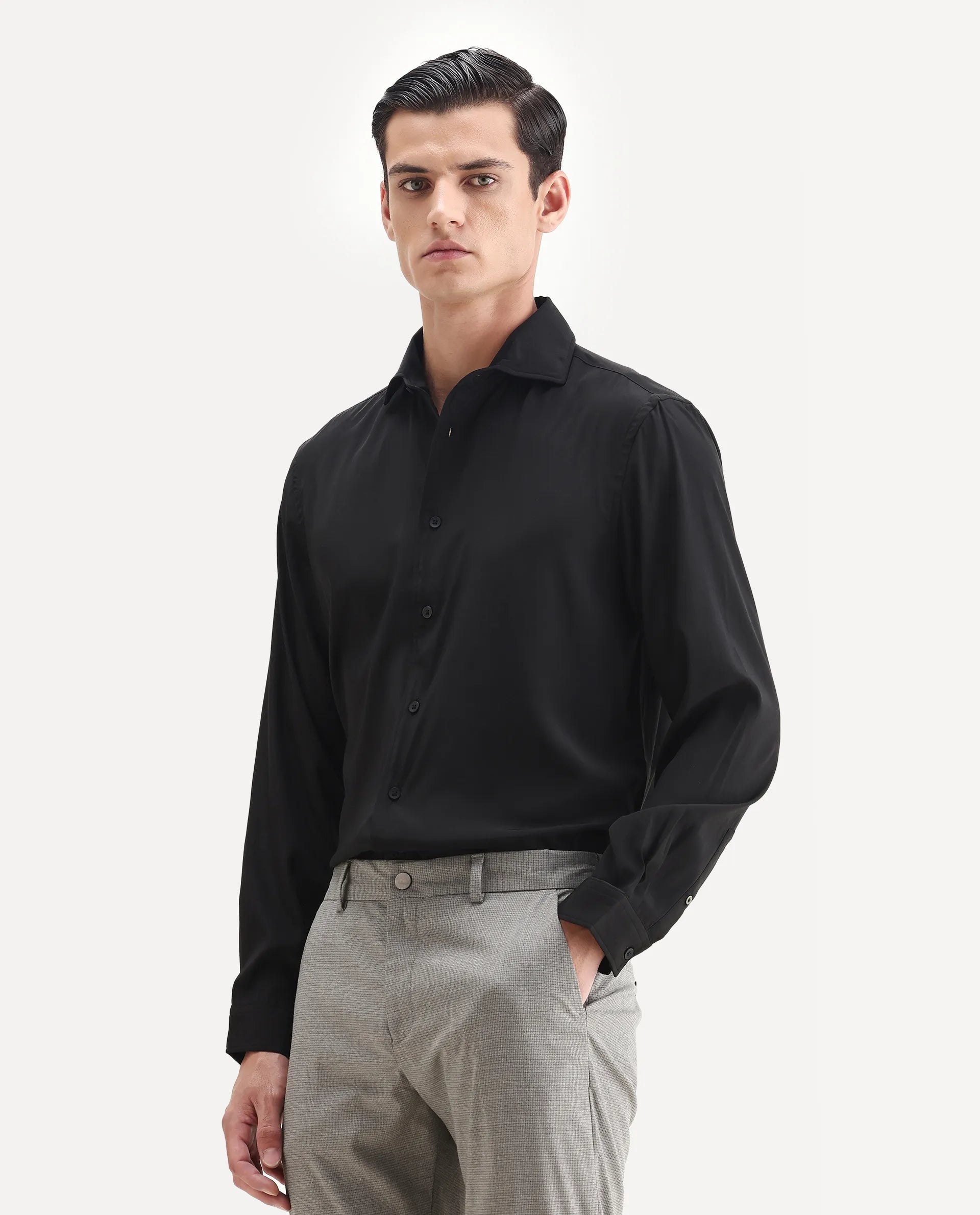 Rare Rabbit Men's Lupo Black Polyester Plain Regular Fit Full Sleeve Collared Shirt