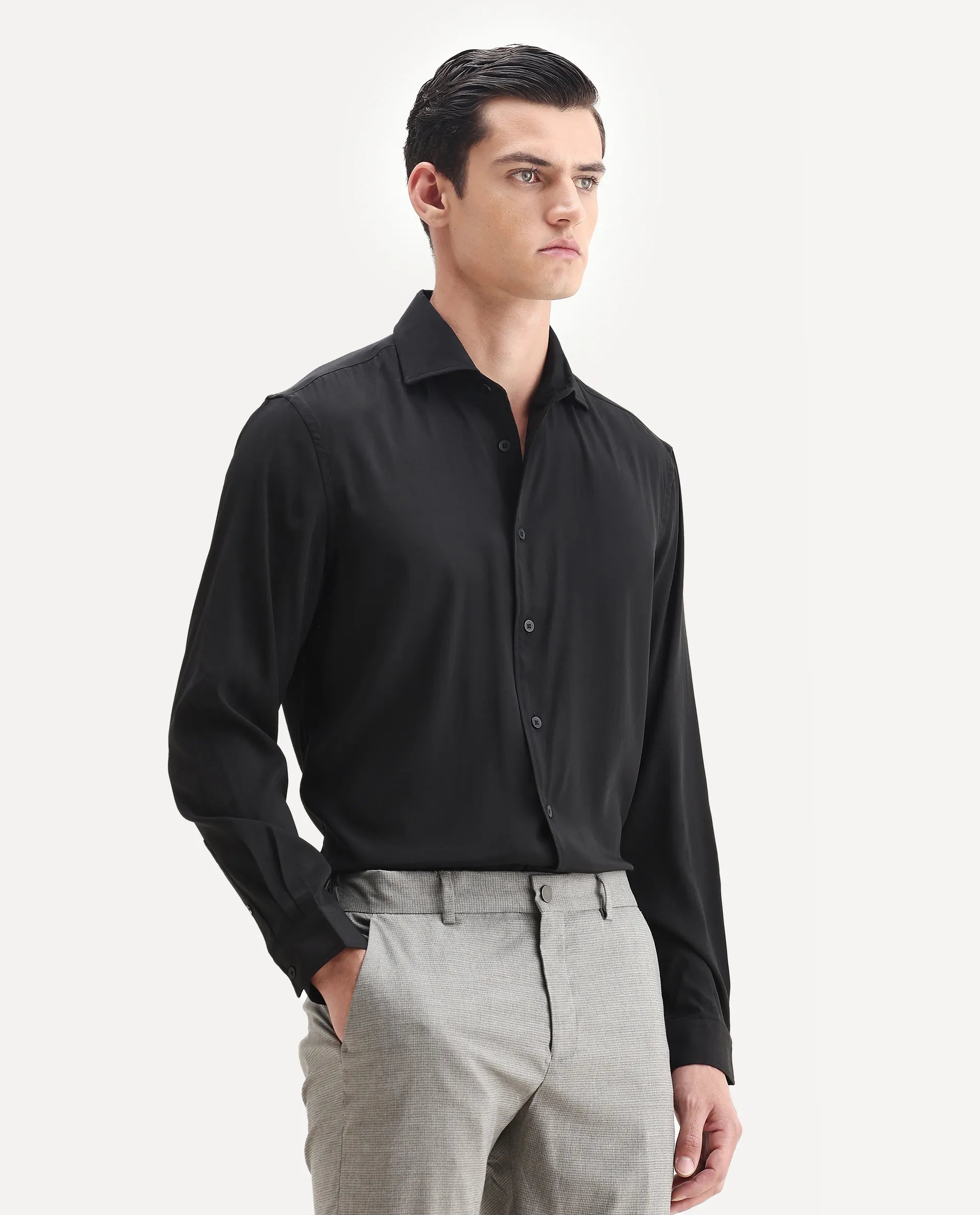 Rare Rabbit Men's Lupo Black Polyester Plain Regular Fit Full Sleeve Collared Shirt