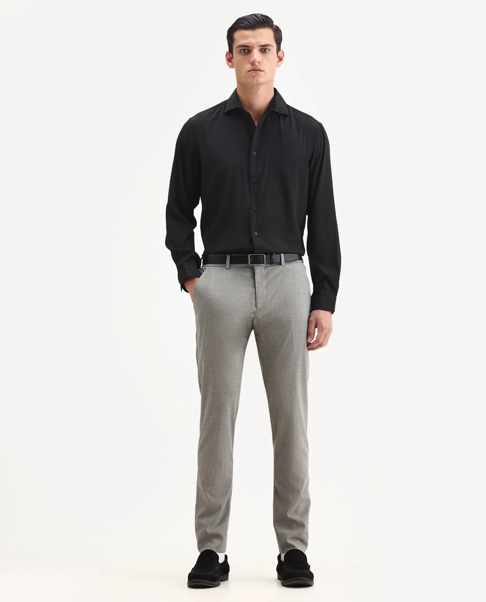 Rare Rabbit Men's Lupo Black Polyester Plain Regular Fit Full Sleeve Collared Shirt