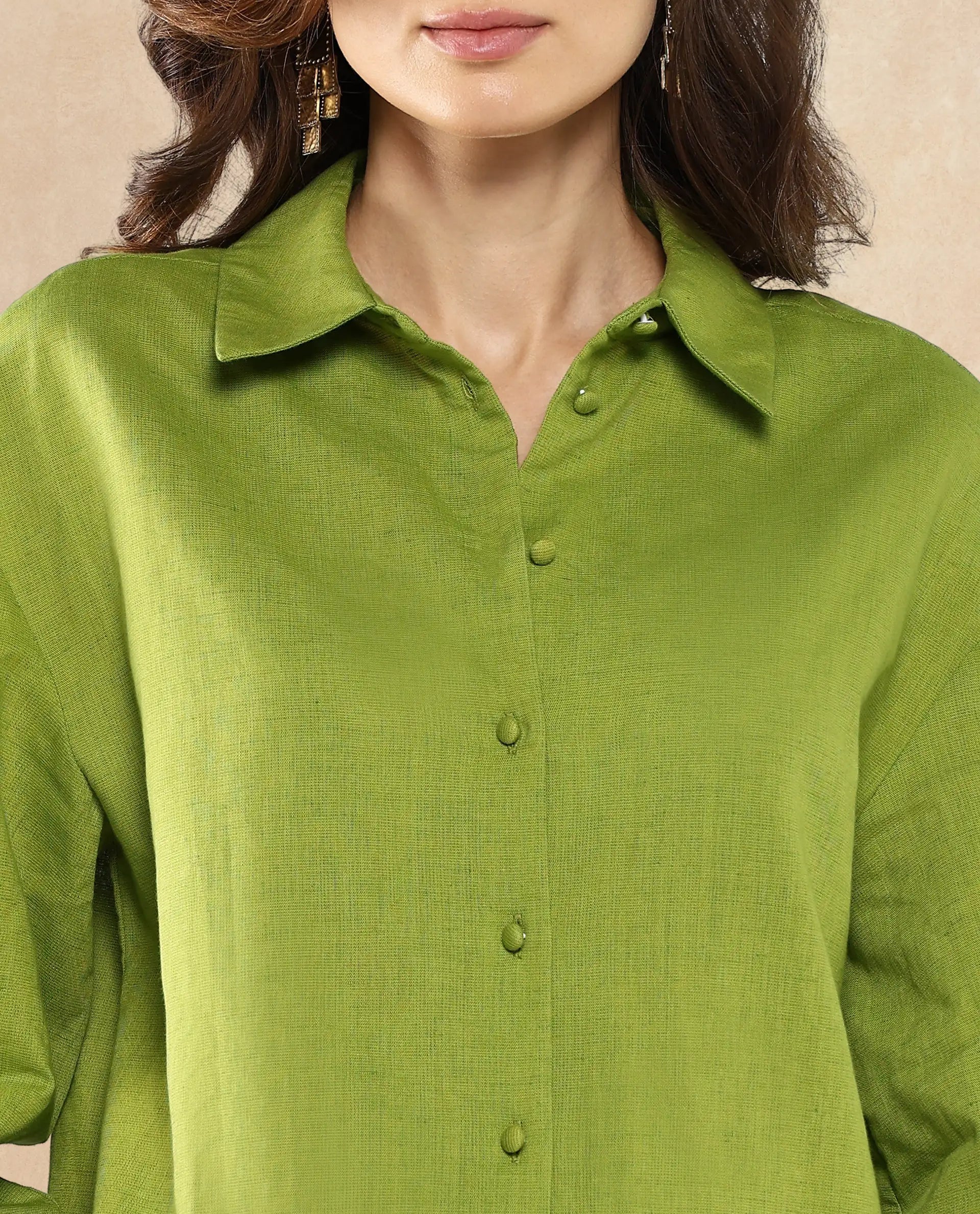 Rareism Women Lureno Light Olive Full Sleeve Collared Neck Button Closure Plain Top