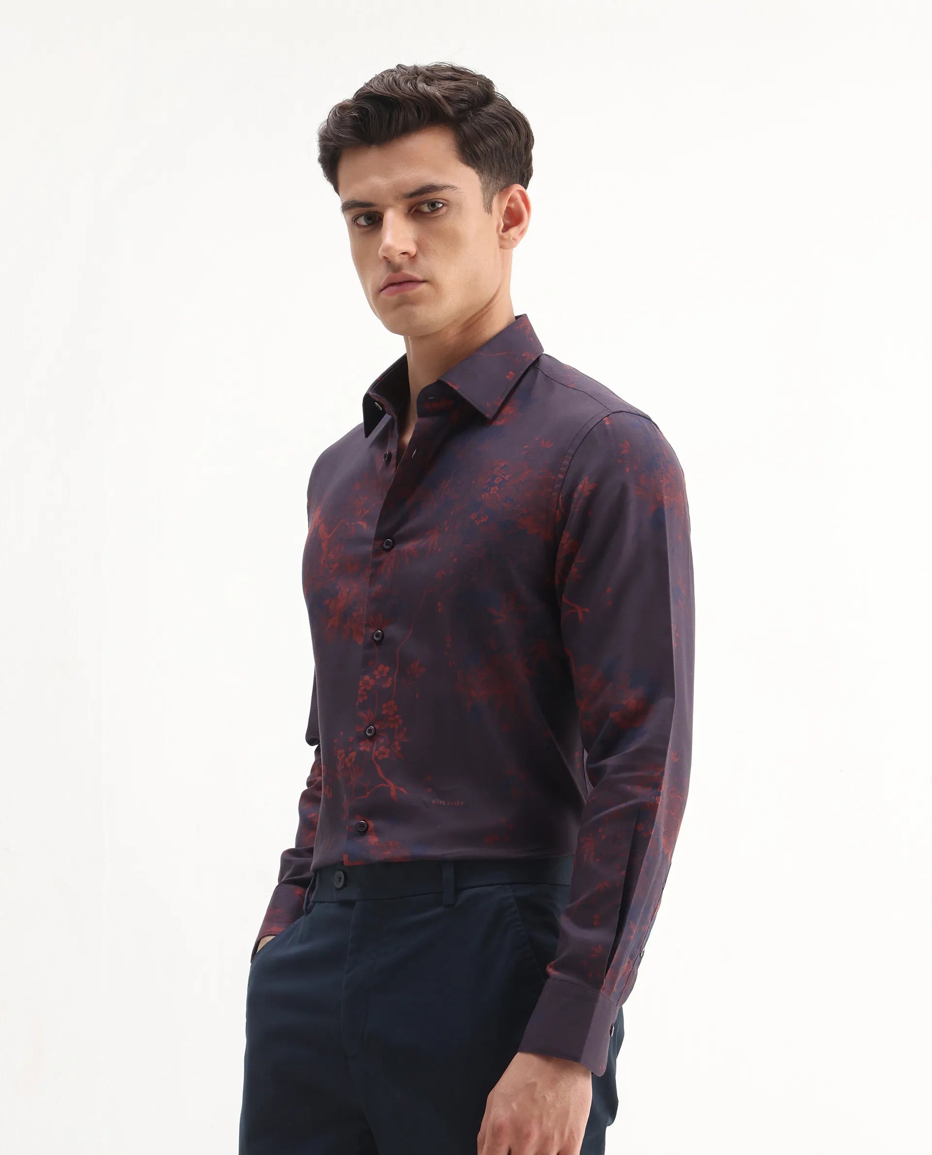 Rare Rabbit Men's Luri Purple Viscose Floral Print Regular Fit Full Sleeve Collared Shirt