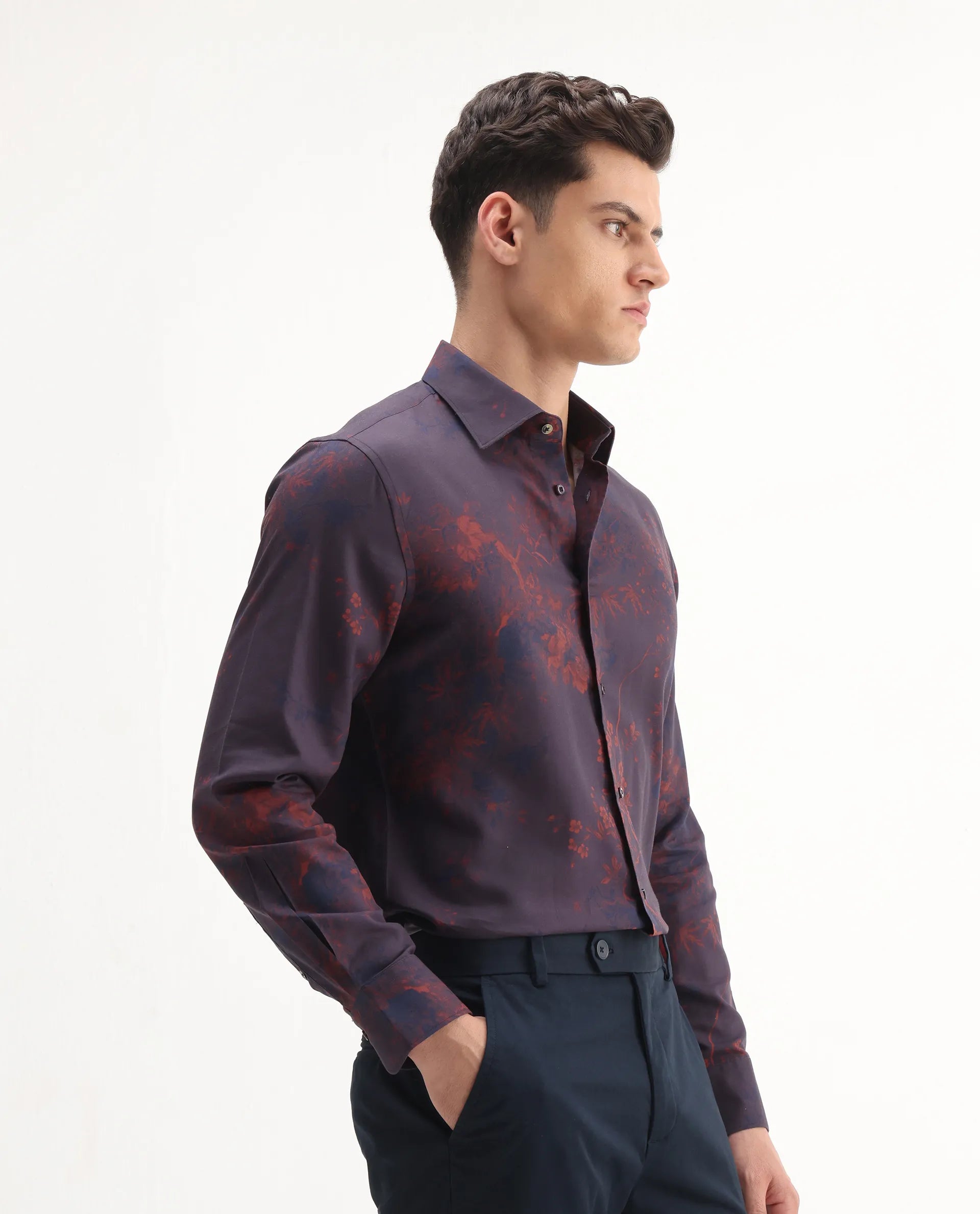 Rare Rabbit Men's Luri Purple Viscose Floral Print Regular Fit Full Sleeve Collared Shirt